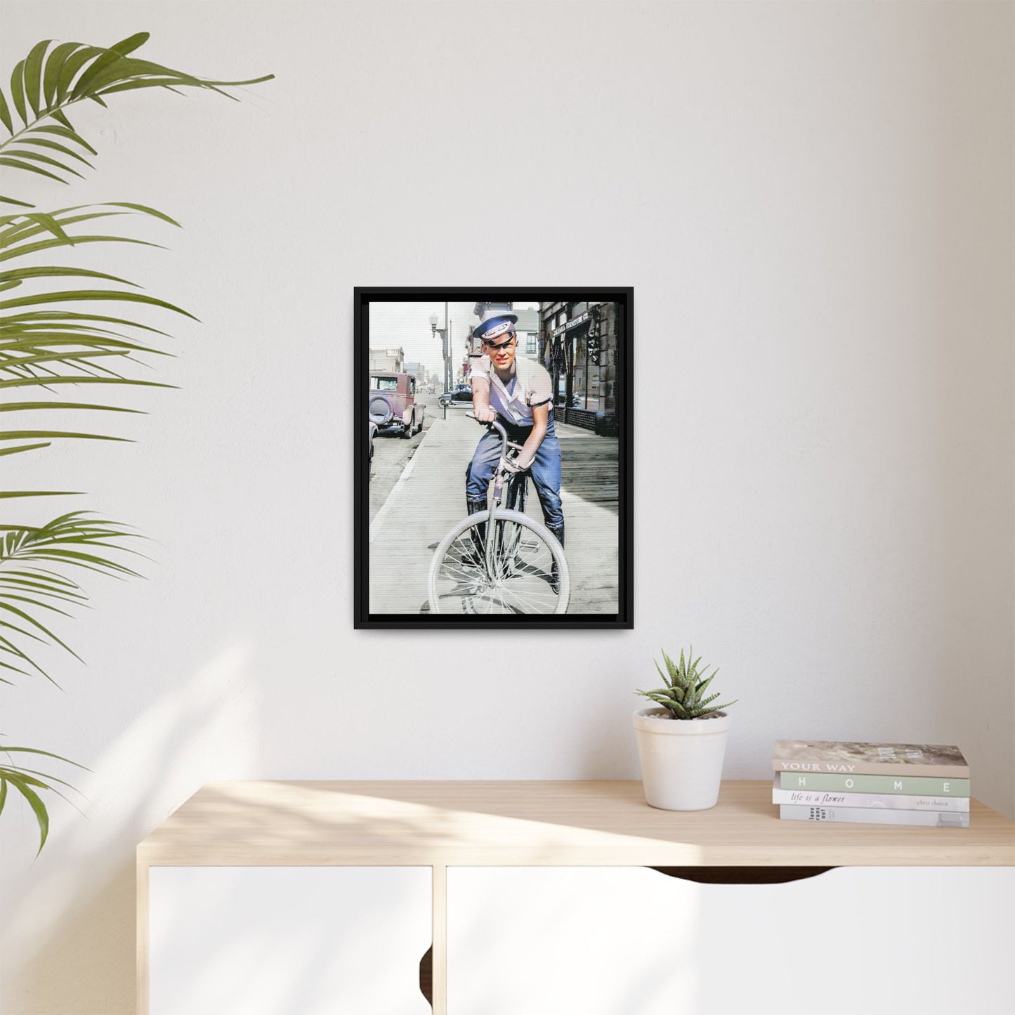 A framed vintage portrait on matte canvas featuring Cecil in Elk City, Oklahoma, capturing the spirit of 1930s small-town Americana. Classic Bicycle Photo