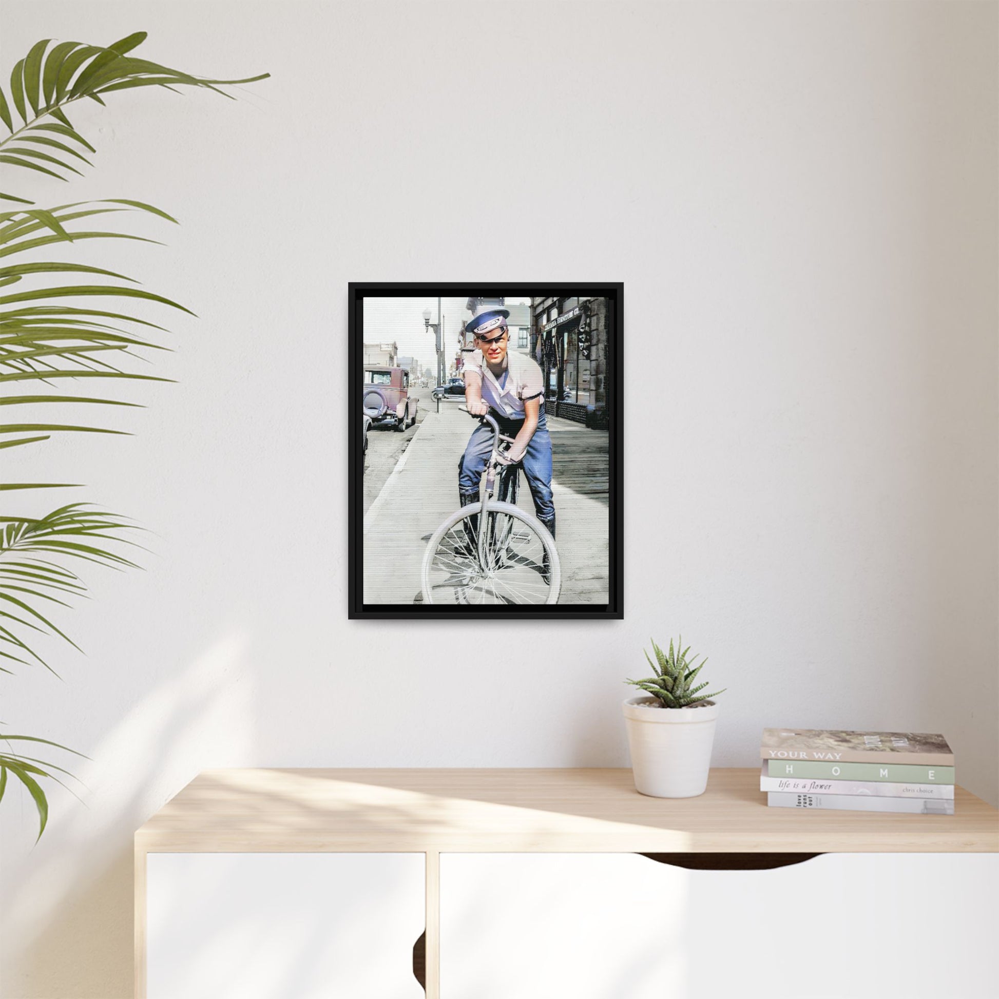 A framed vintage portrait on matte canvas featuring Cecil in Elk City, Oklahoma, capturing the spirit of 1930s small-town Americana. Classic Bicycle Photo