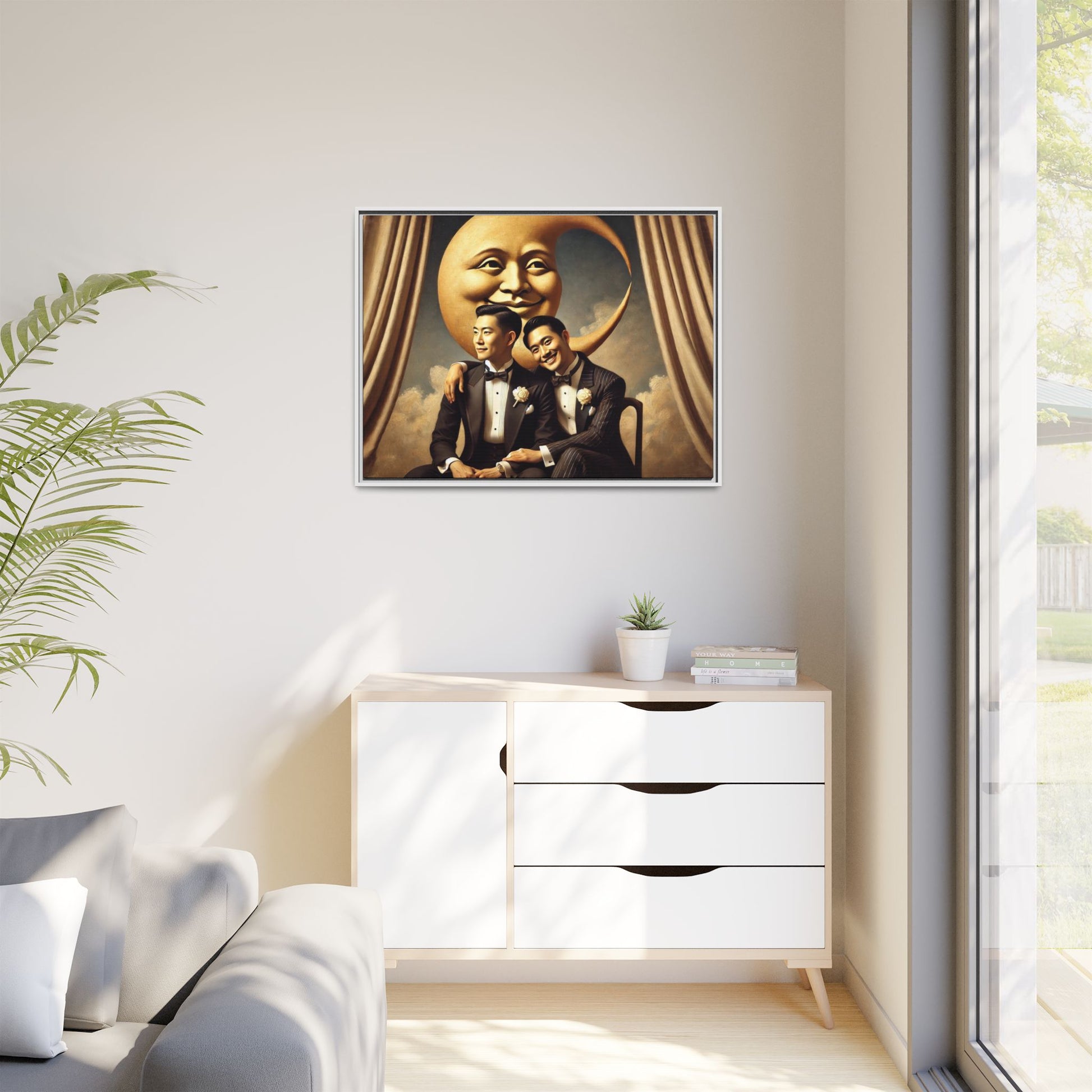 Vintage-inspired artwork of a romantic gay Asian couple in tuxedos sitting affectionately beneath a smiling crescent moon prop, surrounded by vintage stage curtains and dreamy clouds. A reclaimed queer narrative from the Man In The Moon series.