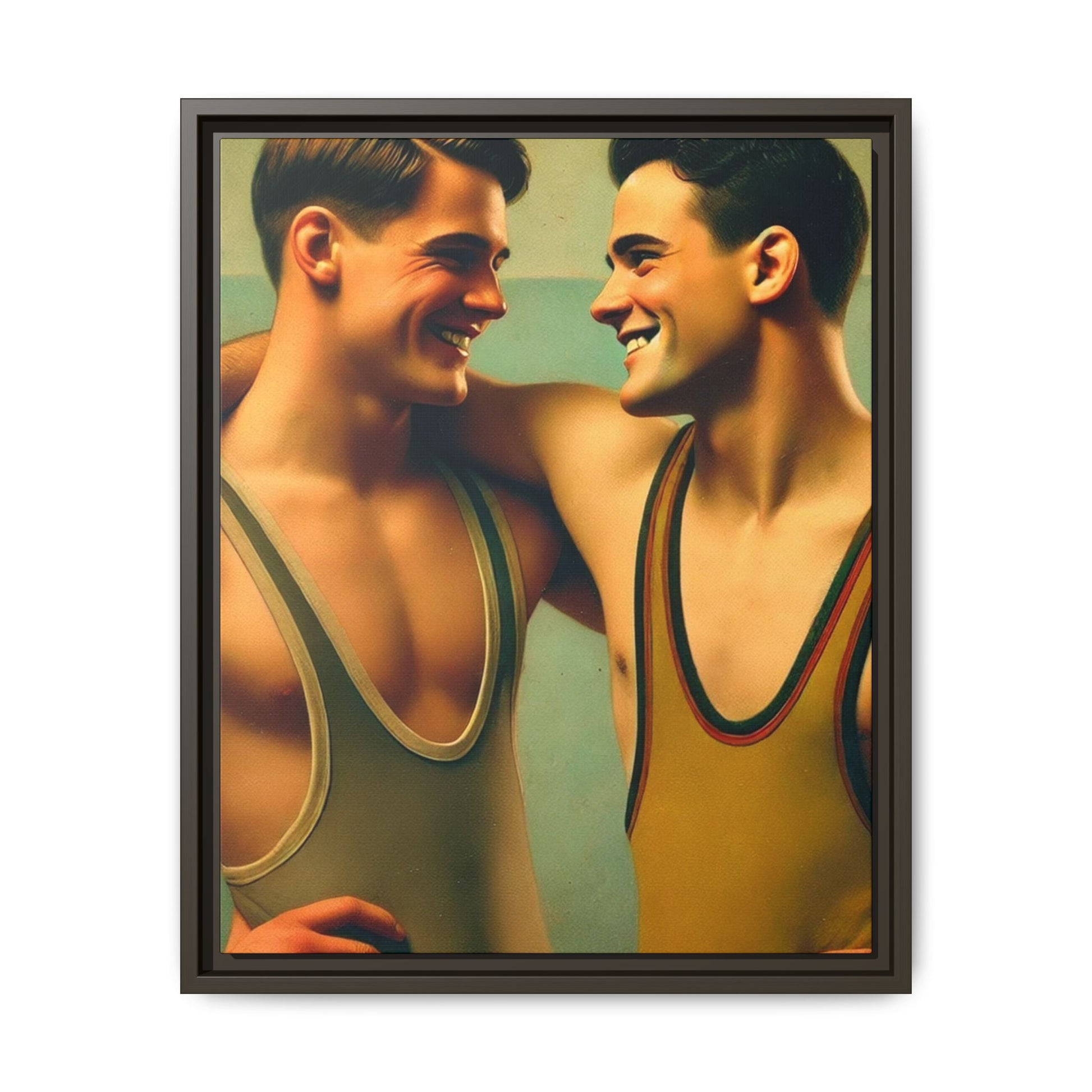 Framed artwork of two young wrestlers in vintage singlets sharing a candid moment, inspired by Grant Wood's Regionalist art style.