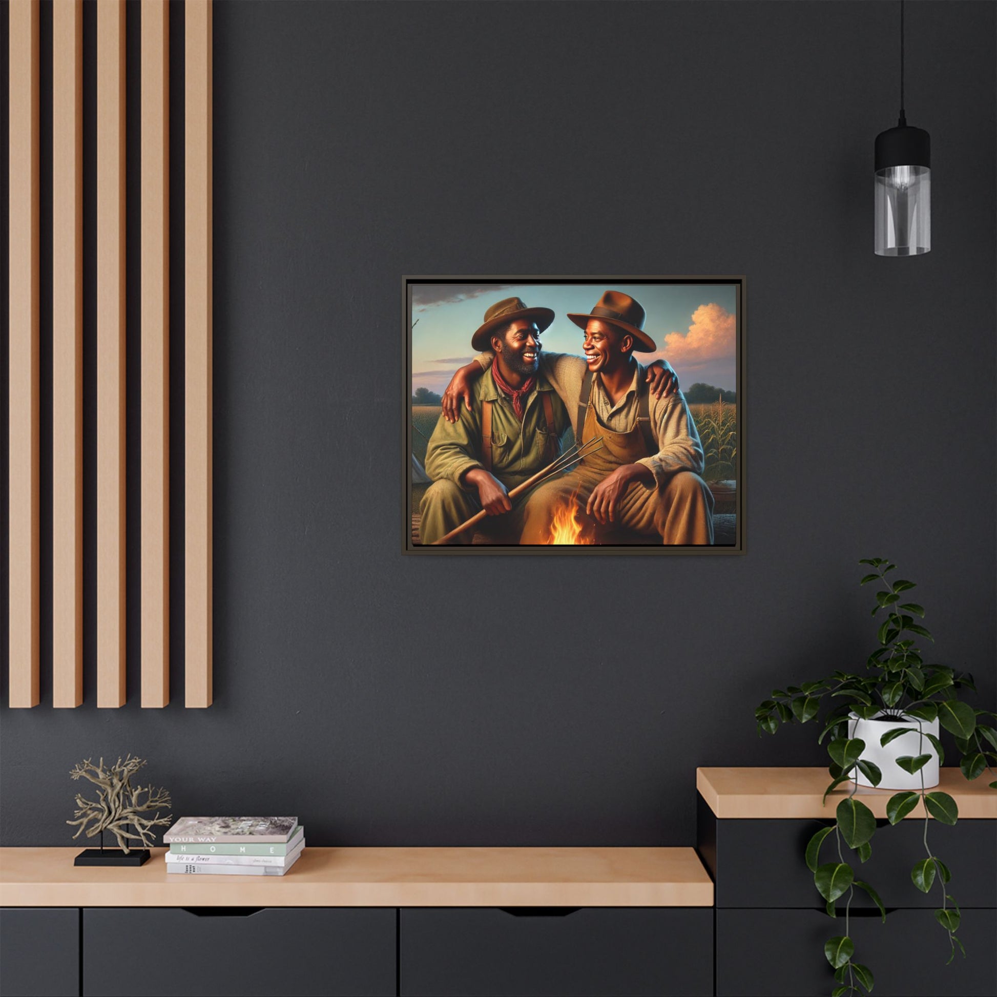 Artwork of an older African-American queer couple sharing a warm, joyful moment by a campfire in rural Iowa. Set against vast fields and an open sky, the scene captures love, resilience, and the nostalgic beauty of Americana, with firelight illuminating their laughter and companionship