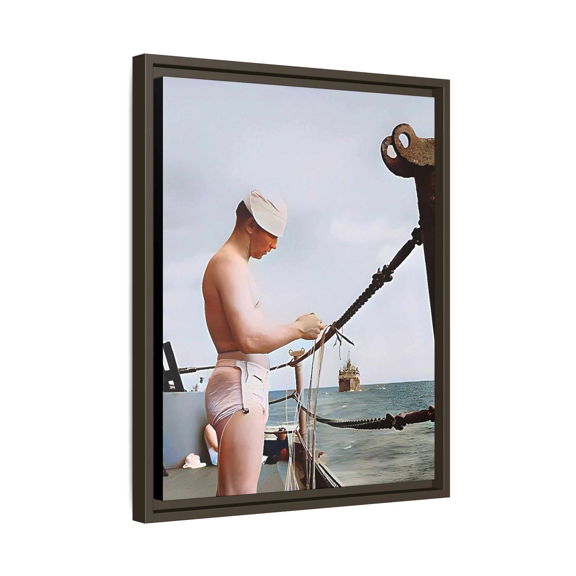 A framed vintage naval portrait on matte canvas featuring a sailor aboard the USS Iowa, honoring maritime history and dedication.