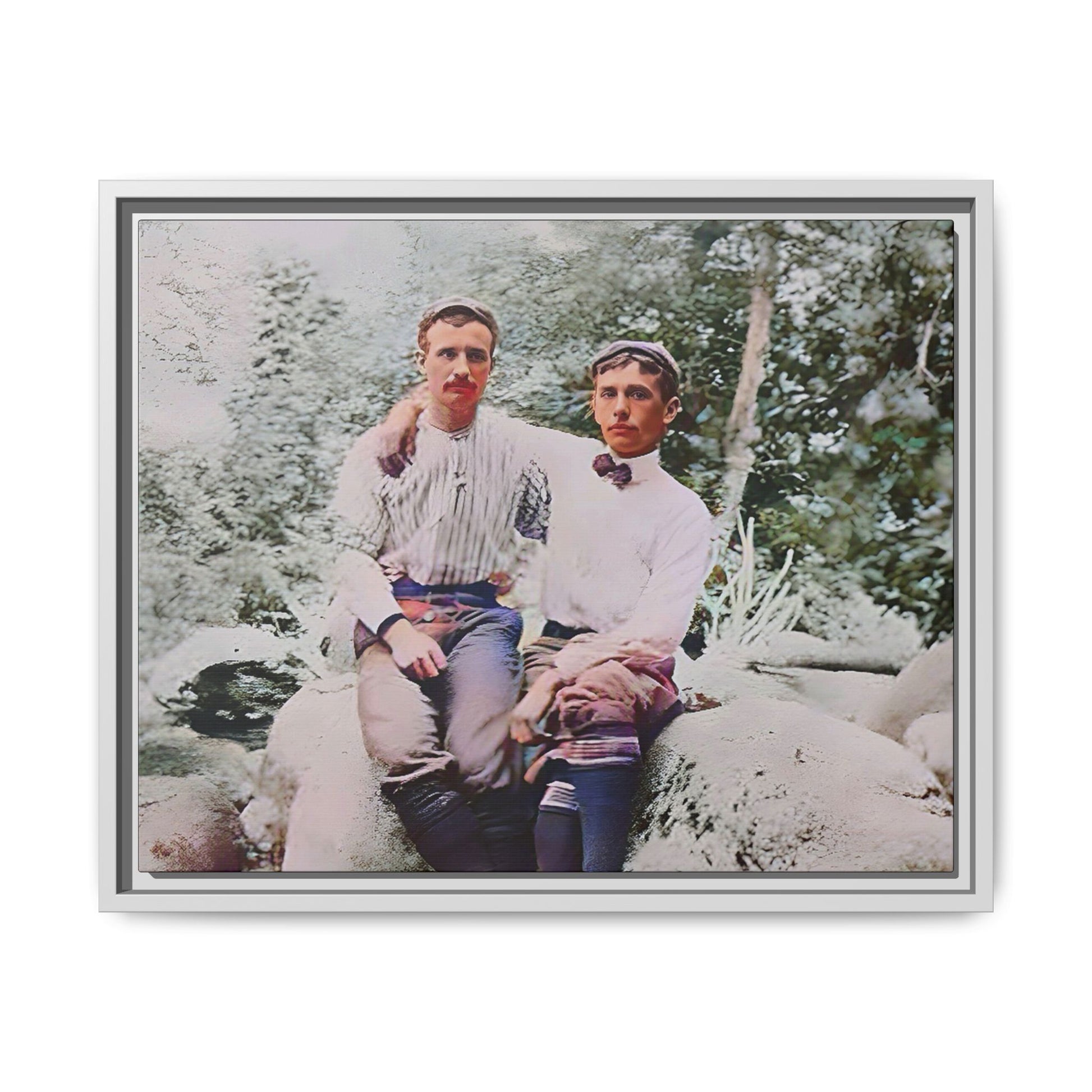 A framed vintage love portrait on matte canvas featuring Grover and Emil in Villamont, Virginia, capturing timeless LGBTQ+ connection and companionship. Gay Couple