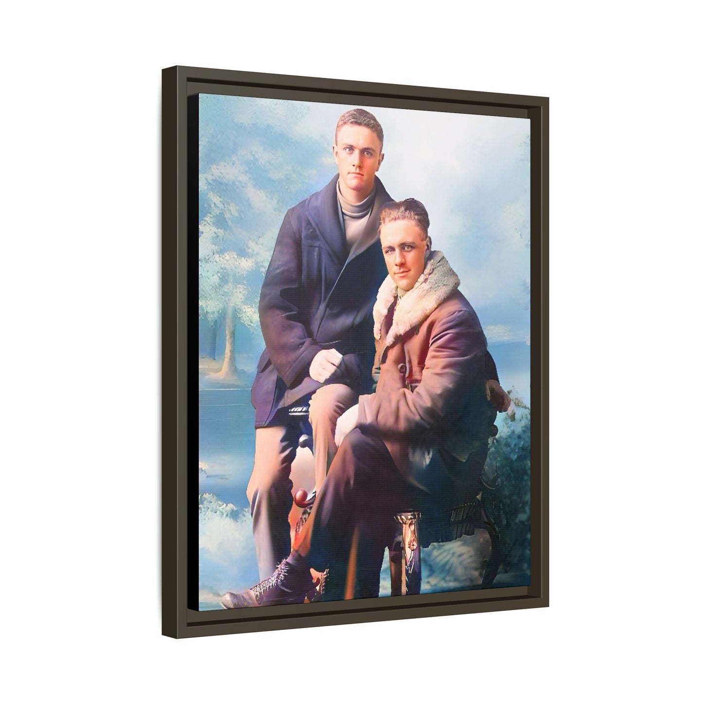 Restored vintage photograph of David and Sam, a gay couple in winter attire from early 20th century Yakima, Washington. Framed matte canvas print showcasing love, resilience, and Gay  history.