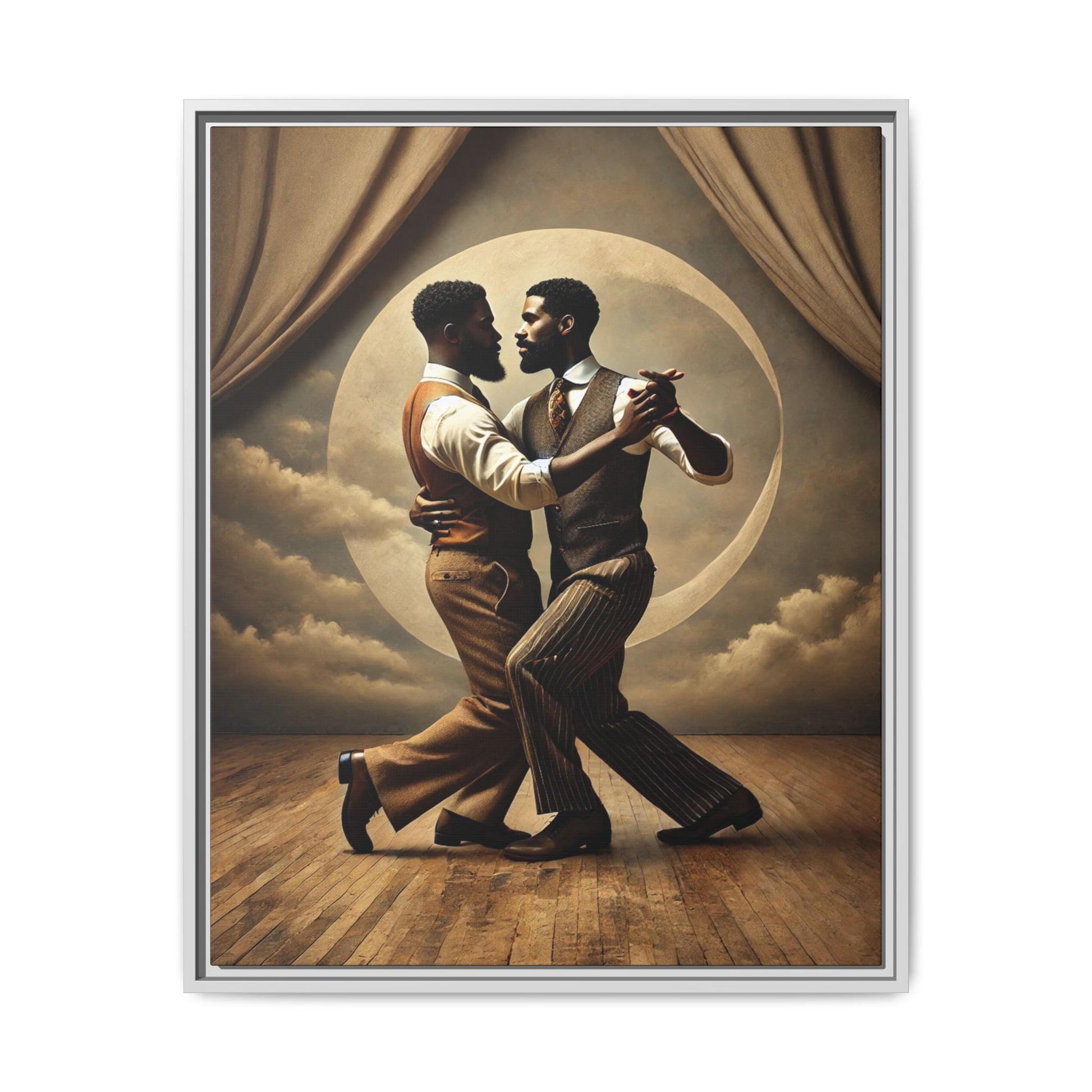 Original artwork of two Black men ballroom dancing in vintage 1920s suits under a glowing moon backdrop. A romantic and powerful tribute to queer love and Black history that reclaims moments lost to systemic bias and cultural erasure.