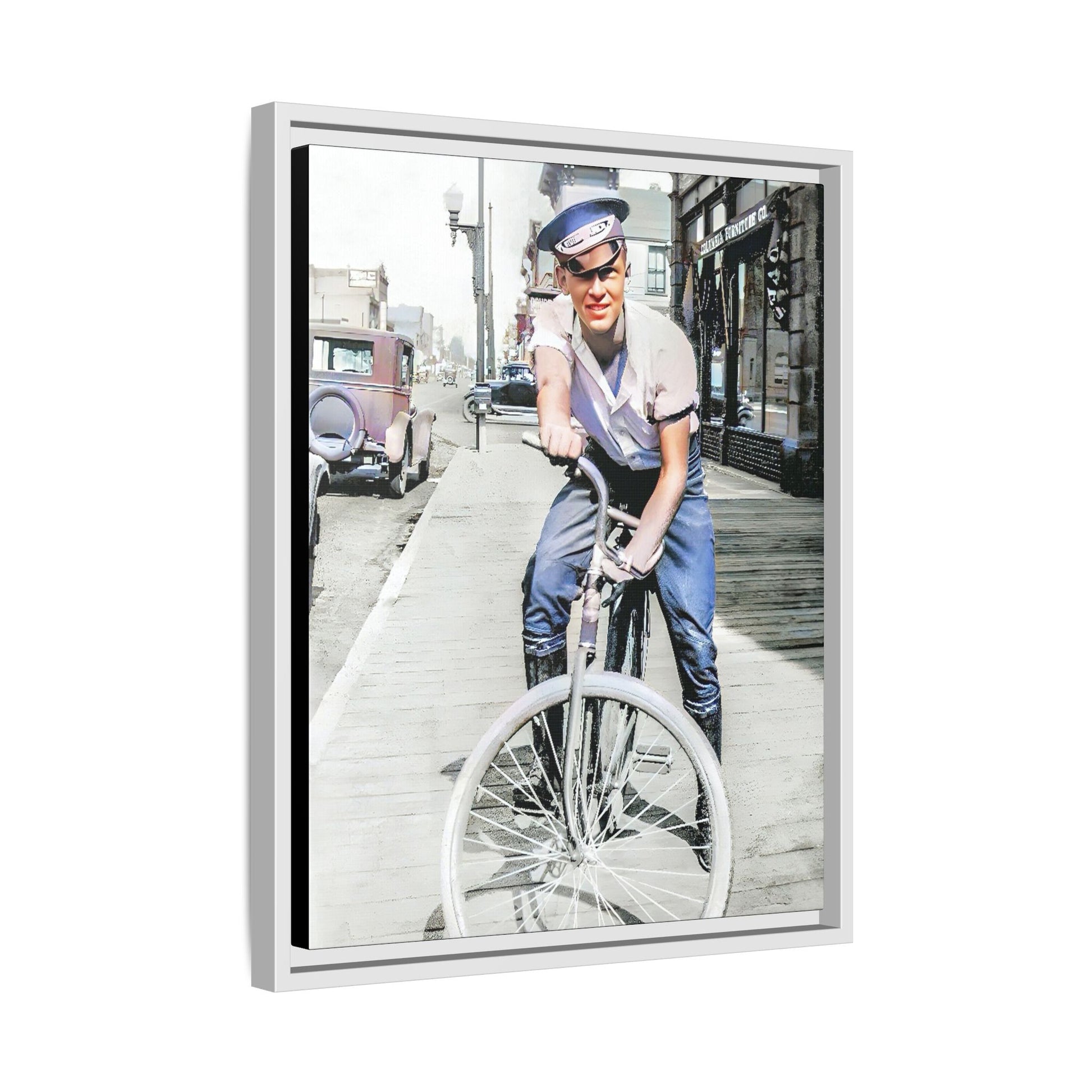 A framed vintage portrait on matte canvas featuring Cecil in Elk City, Oklahoma, capturing the spirit of 1930s small-town Americana. Classic Bicycle Photo