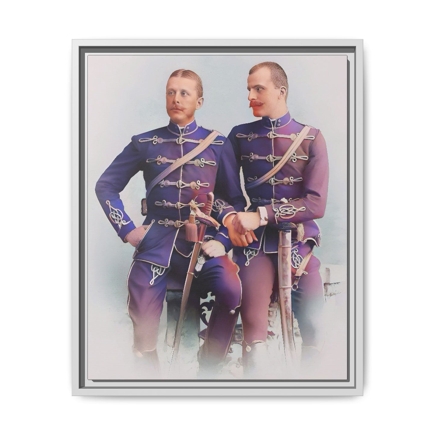 A restored vintage military portrait of Nicolae & Valeriu, elegantly framed to honor LGBTQ+ history and love.