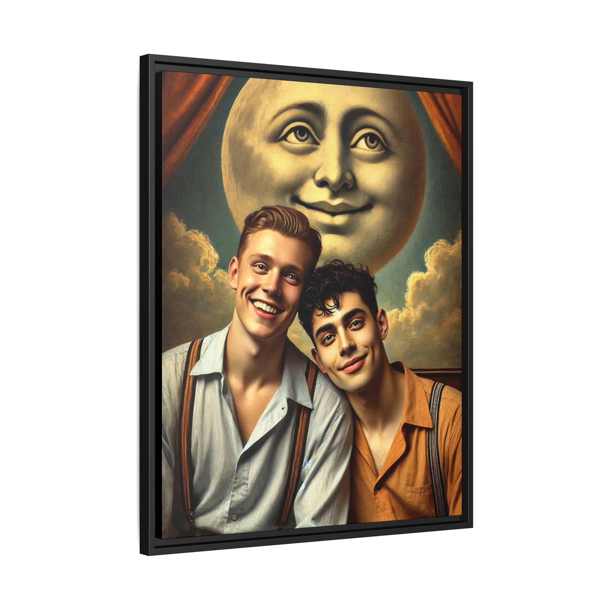 Framed artwork featuring a joyful queer couple in 1930s attire, seated close together beneath a smiling full moon in a theatrical studio setting. A celebration of reclaimed LGBTQ+ narratives in nostalgic portraiture.