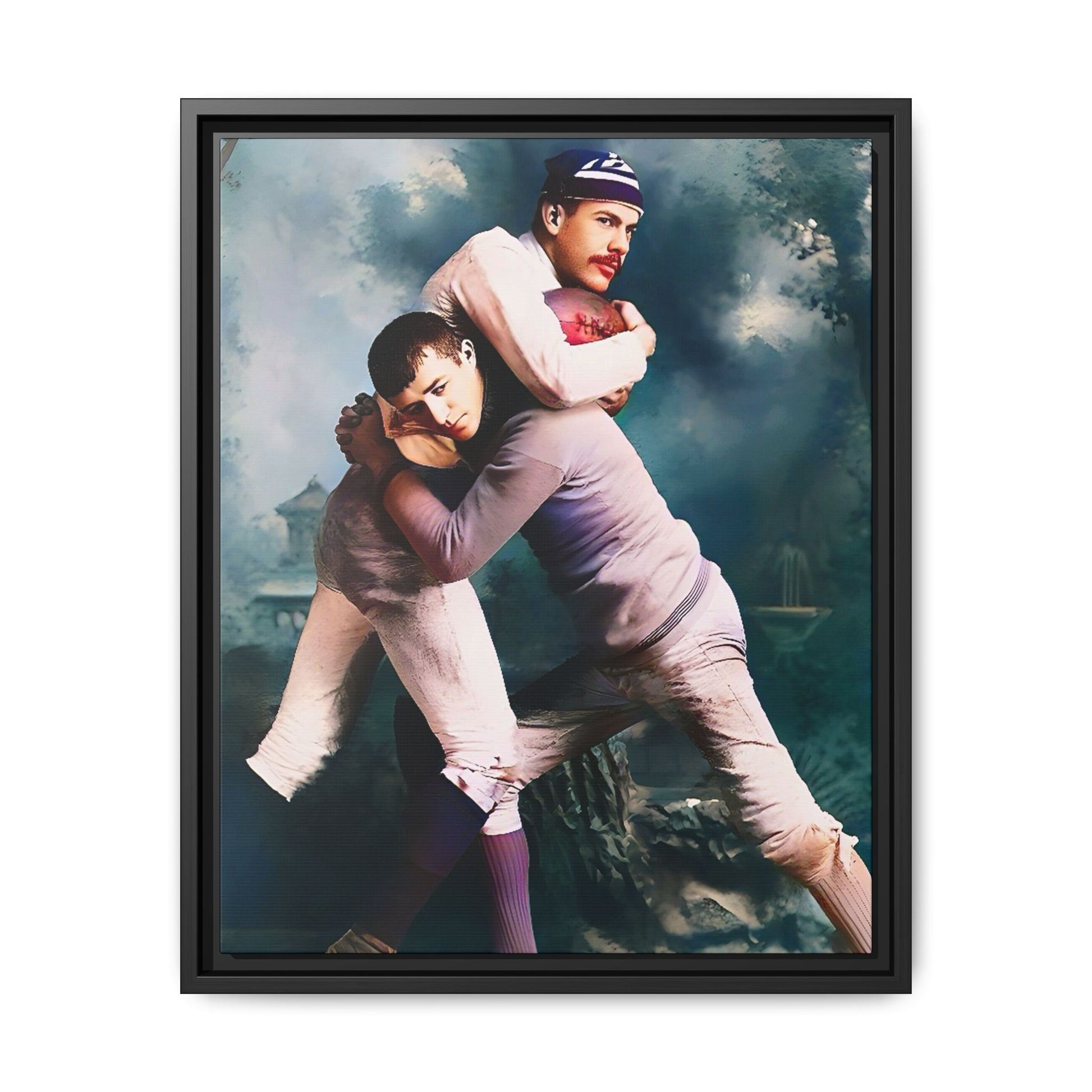 A framed vintage sports portrait on matte canvas featuring Theodore and Patrick in Chapel Hill, North Carolina, capturing timeless strength, camaraderie, and connection.