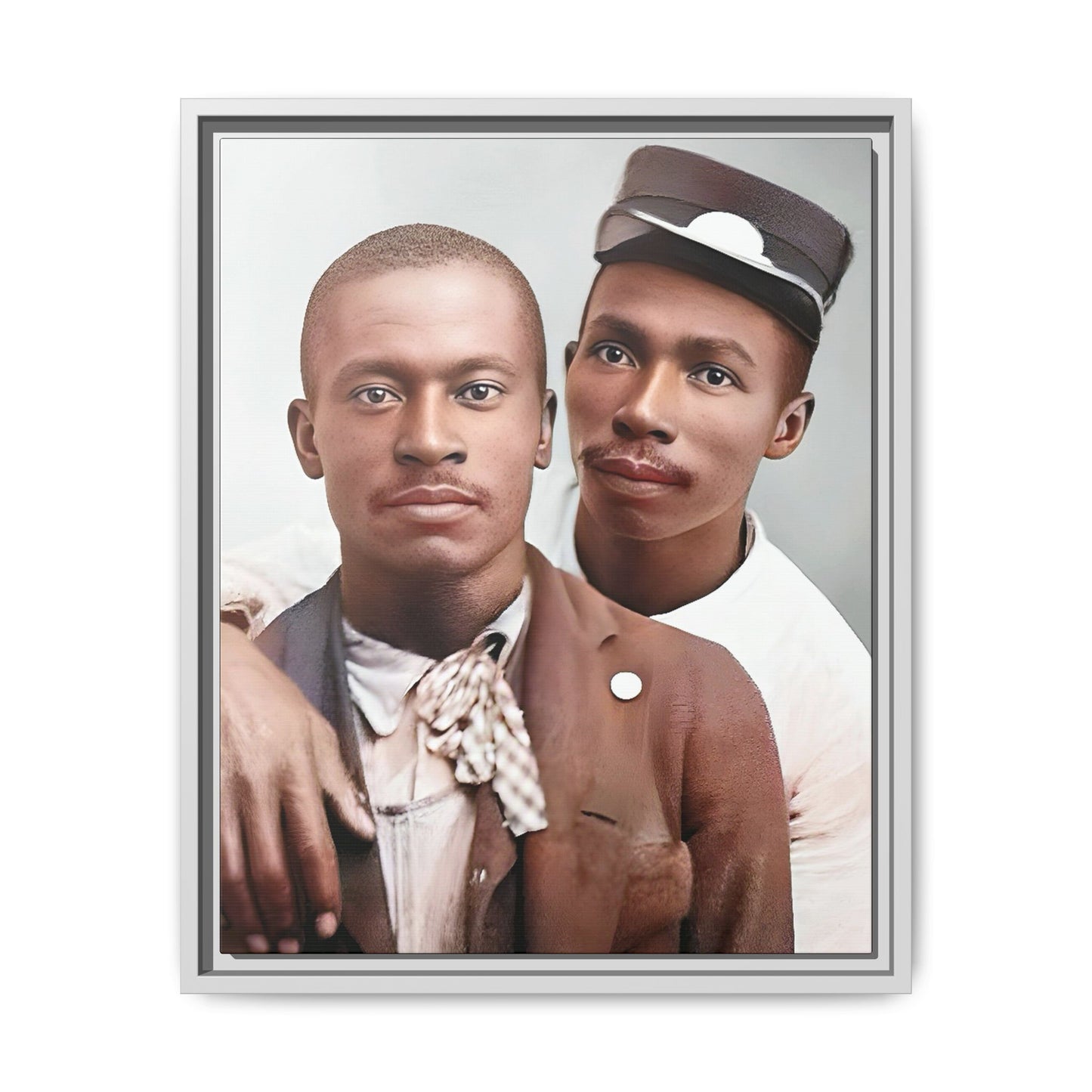 A restored vintage portrait of Willie & Louis at Metro-North Railroad in Harlem, New York. This framed matte canvas celebrates LGBTQ+ history, African American heritage, and timeless love. Gay Couple