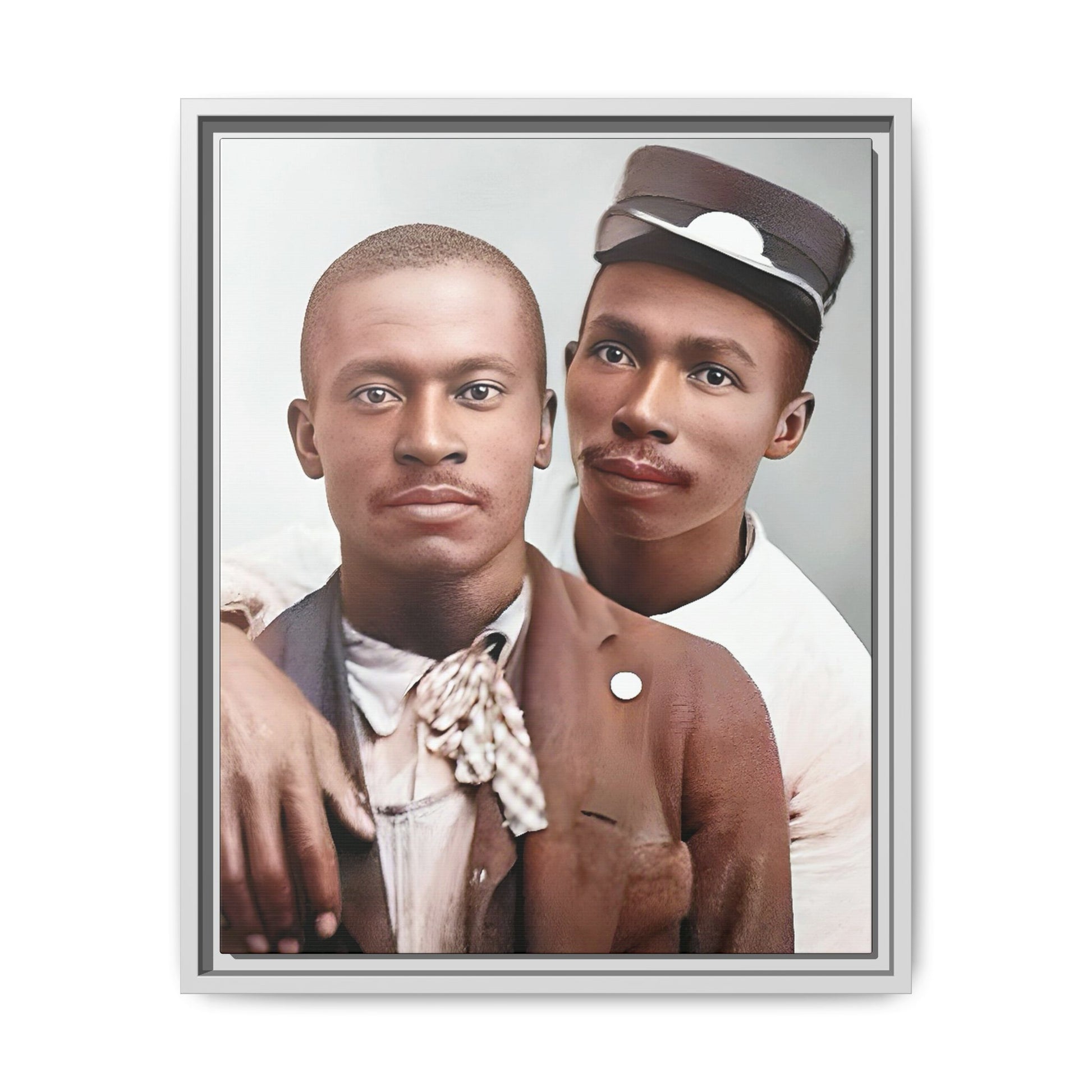 A restored vintage portrait of Willie & Louis at Metro-North Railroad in Harlem, New York. This framed matte canvas celebrates LGBTQ+ history, African American heritage, and timeless love. Gay Couple