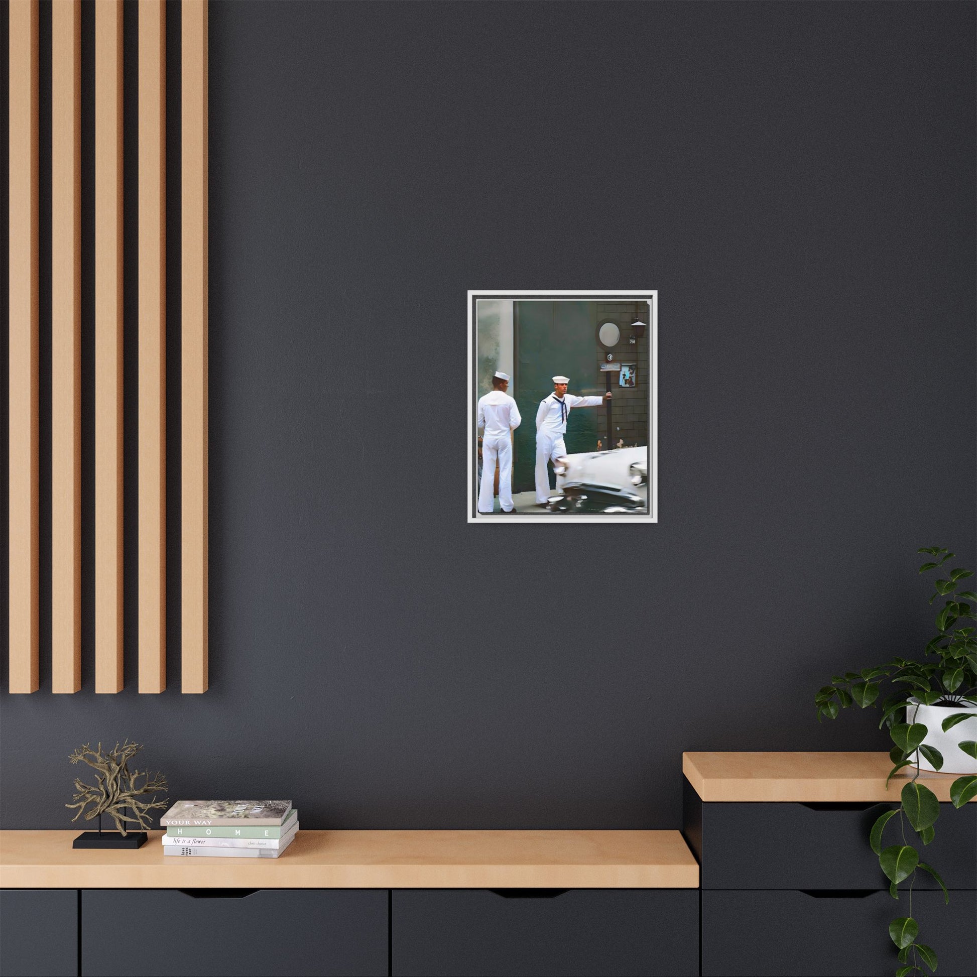A restored vintage portrait of two sailors in Boystown, Northalsted, Chicago. This framed matte canvas celebrates LGBTQ+ history, urban charm, and community pride.