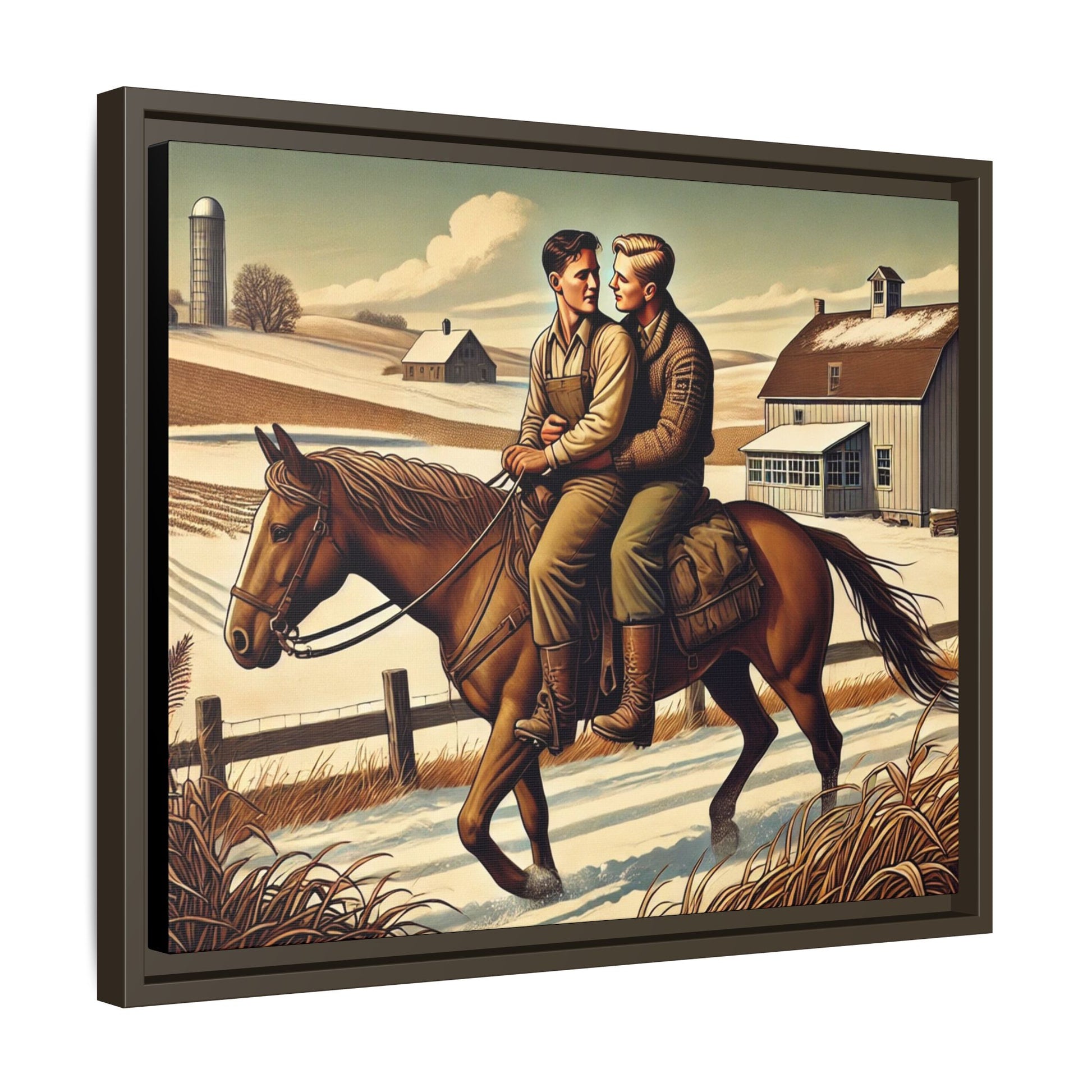Artwork of a gay couple sharing a tender moment while seated together on a single horse in a snowy, rural Midwestern landscape. Dressed in early 20th-century attire, the men gaze at each other warmly, capturing love, resilience, and companionship in a serene 1930s-inspired American scene