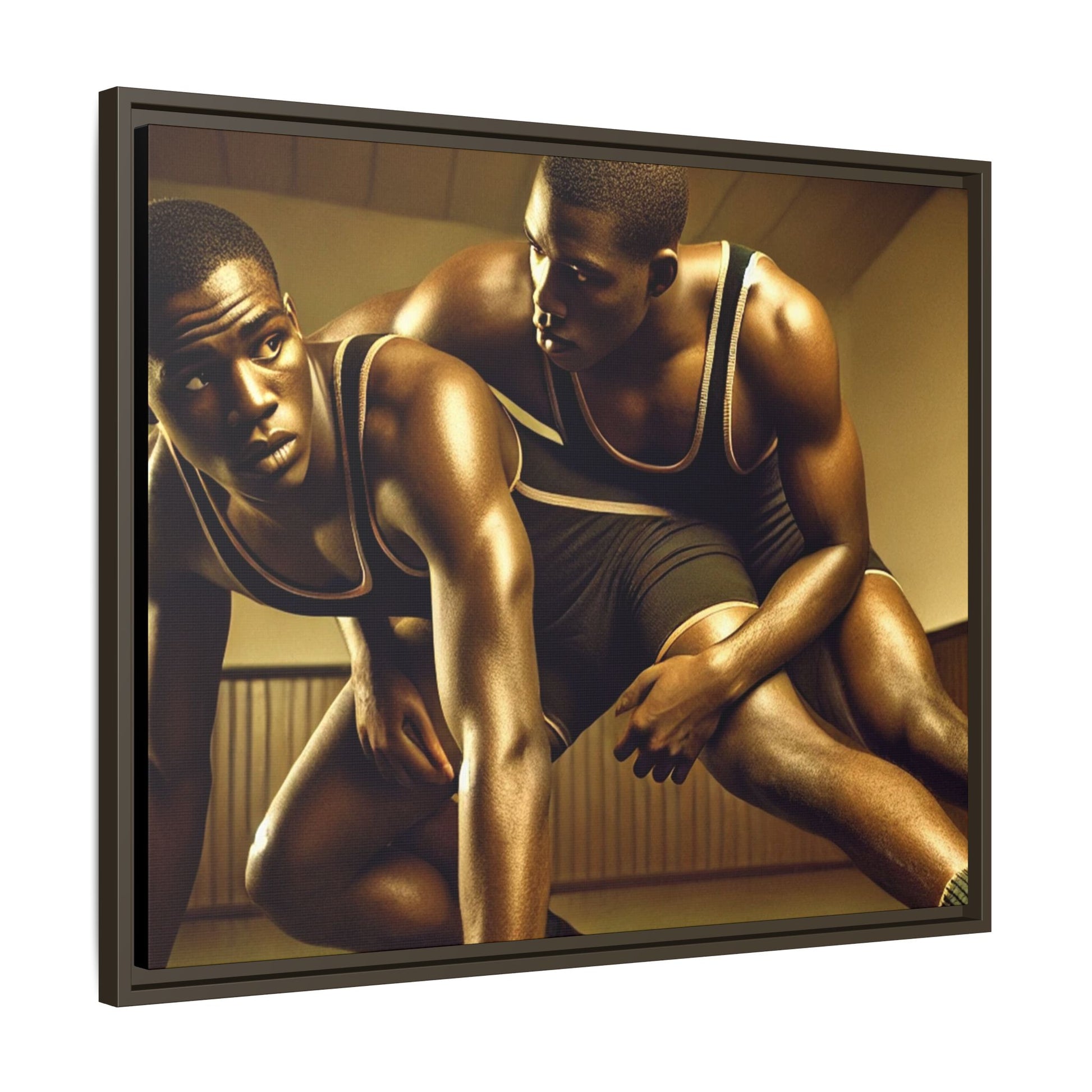 Framed artwork inspired by Grant Wood, showcasing African-American wrestlers in a vintage gymnasium setting. A powerful tribute to teamwork, resilience, and regionalist art.