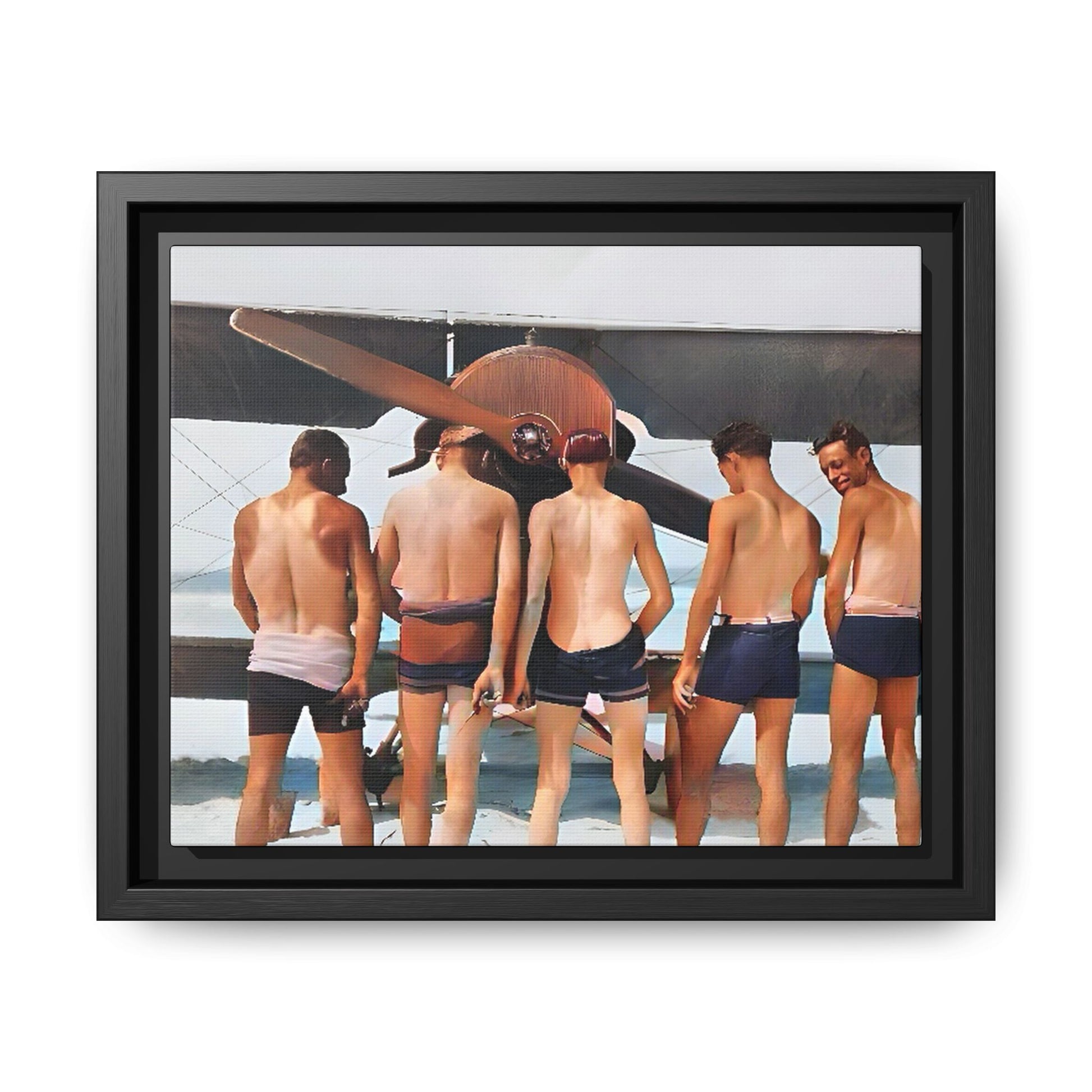 A beautifully restored vintage photograph of five men standing on a sunlit Key West beach with a vintage aircraft in the background. This nostalgic canvas print captures coastal adventure, camaraderie, and the free spirit of aviation history. Men urinating