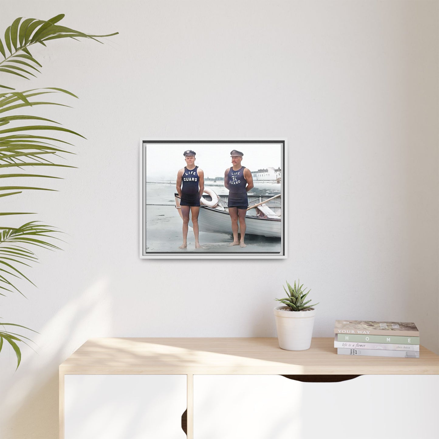 A nostalgic framed canvas print of vintage lifeguards in Cape May, NJ. This coastal artwork captures the charm of early 20th-century beach life, making it perfect for lovers of maritime history, seaside decor, and Americana enthusiasts.