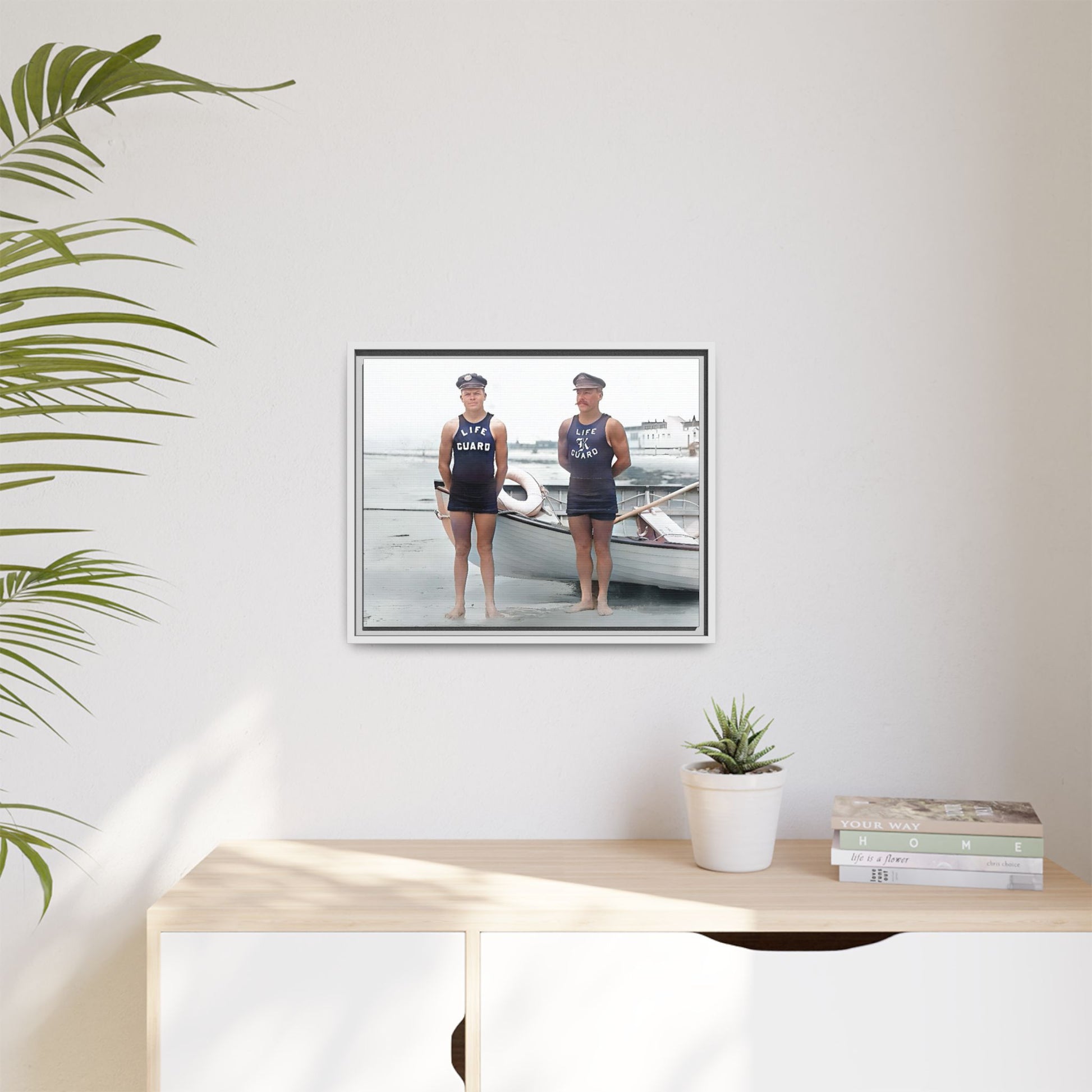 A nostalgic framed canvas print of vintage lifeguards in Cape May, NJ. This coastal artwork captures the charm of early 20th-century beach life, making it perfect for lovers of maritime history, seaside decor, and Americana enthusiasts.