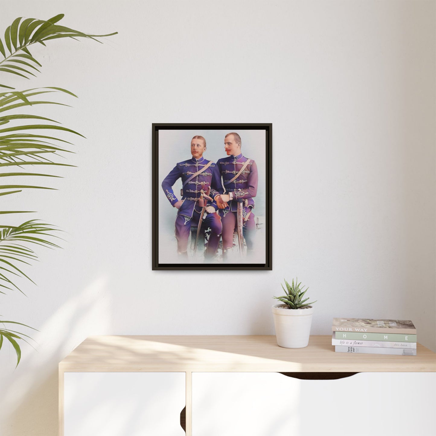 A restored vintage military portrait of Nicolae & Valeriu, elegantly framed to honor LGBTQ+ history and love.