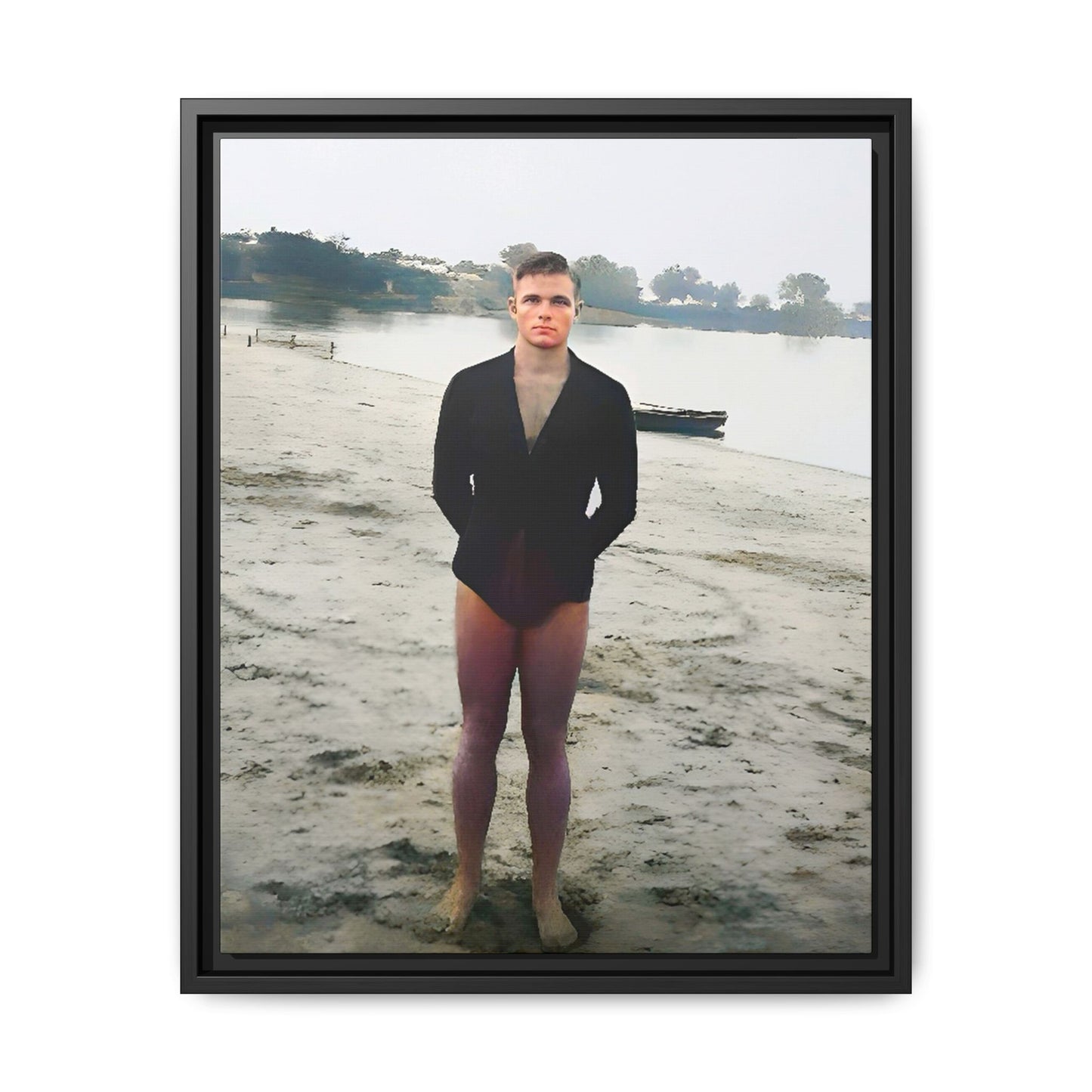 A framed vintage lake portrait on matte canvas featuring Ben at Lake Chicot, Arkansas, capturing solitude, nature, and timeless reflection.