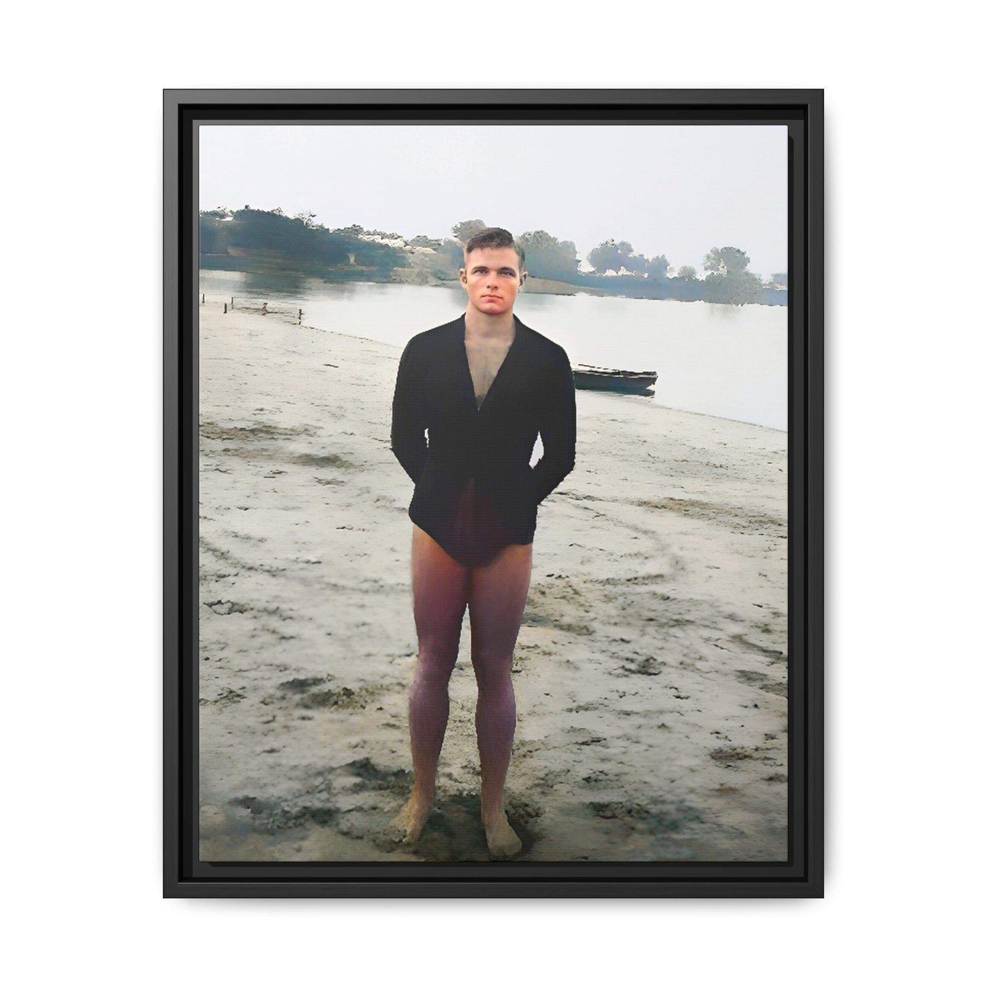 A framed vintage lake portrait on matte canvas featuring Ben at Lake Chicot, Arkansas, capturing solitude, nature, and timeless reflection.