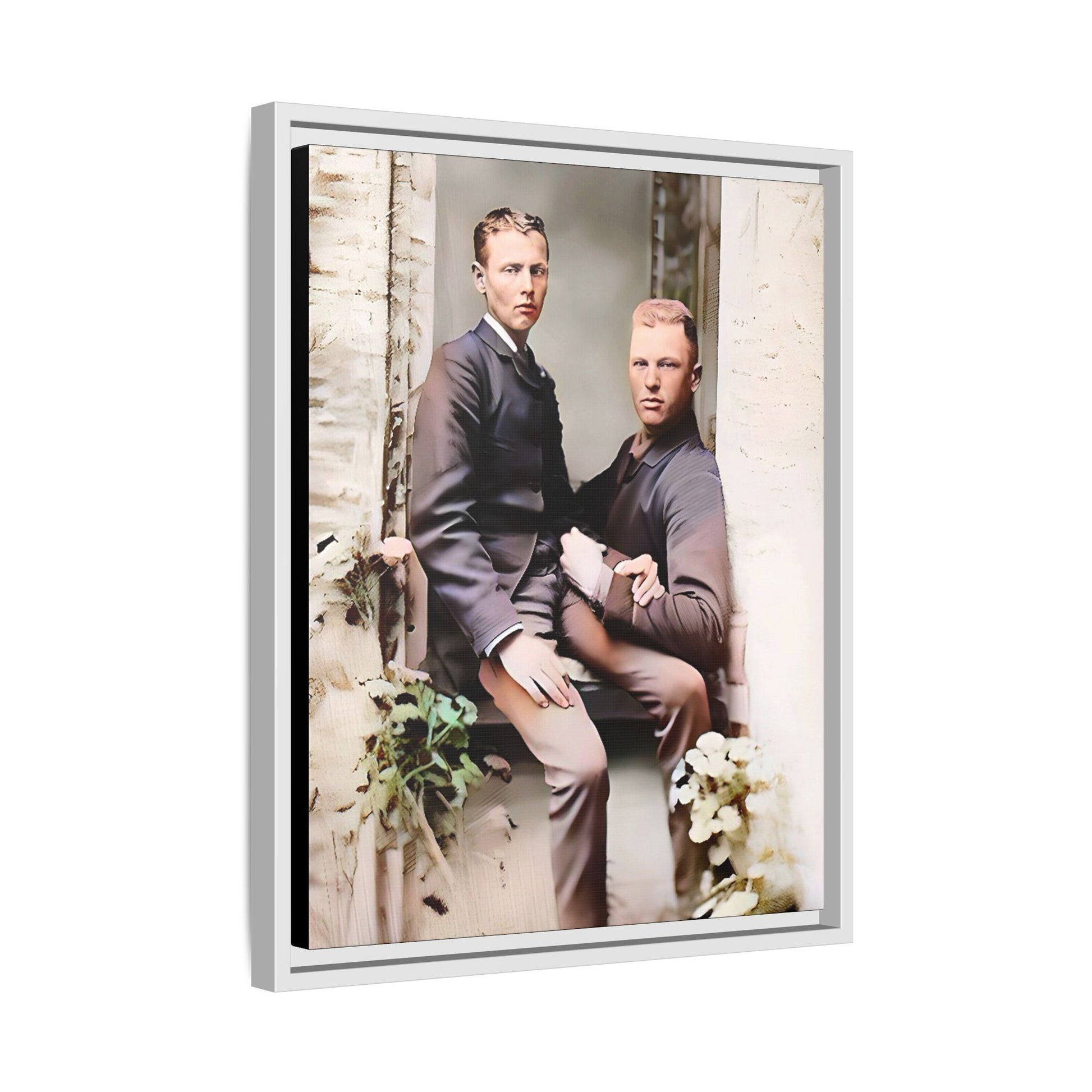 Restored vintage photo of Albert & Harold in tender embrace, Austin TX gay couple, framed art