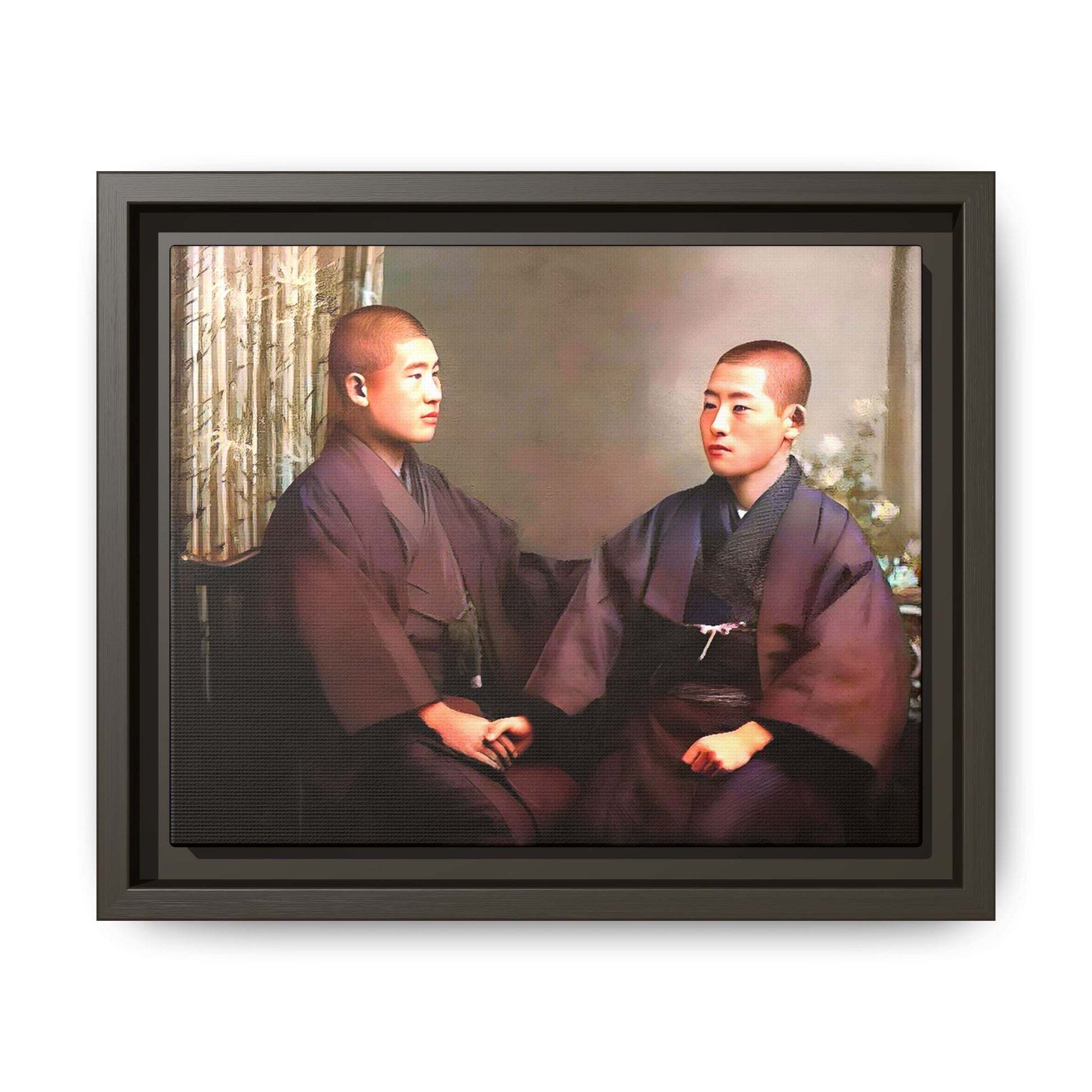 A vintage portrait of Hiroto & Atsushi in Kyoto, Japan. This framed matte canvas celebrates LGBTQ+ love, cultural heritage, and timeless elegance, making it a unique and meaningful art piece for collectors and history enthusiasts. Gay Couple