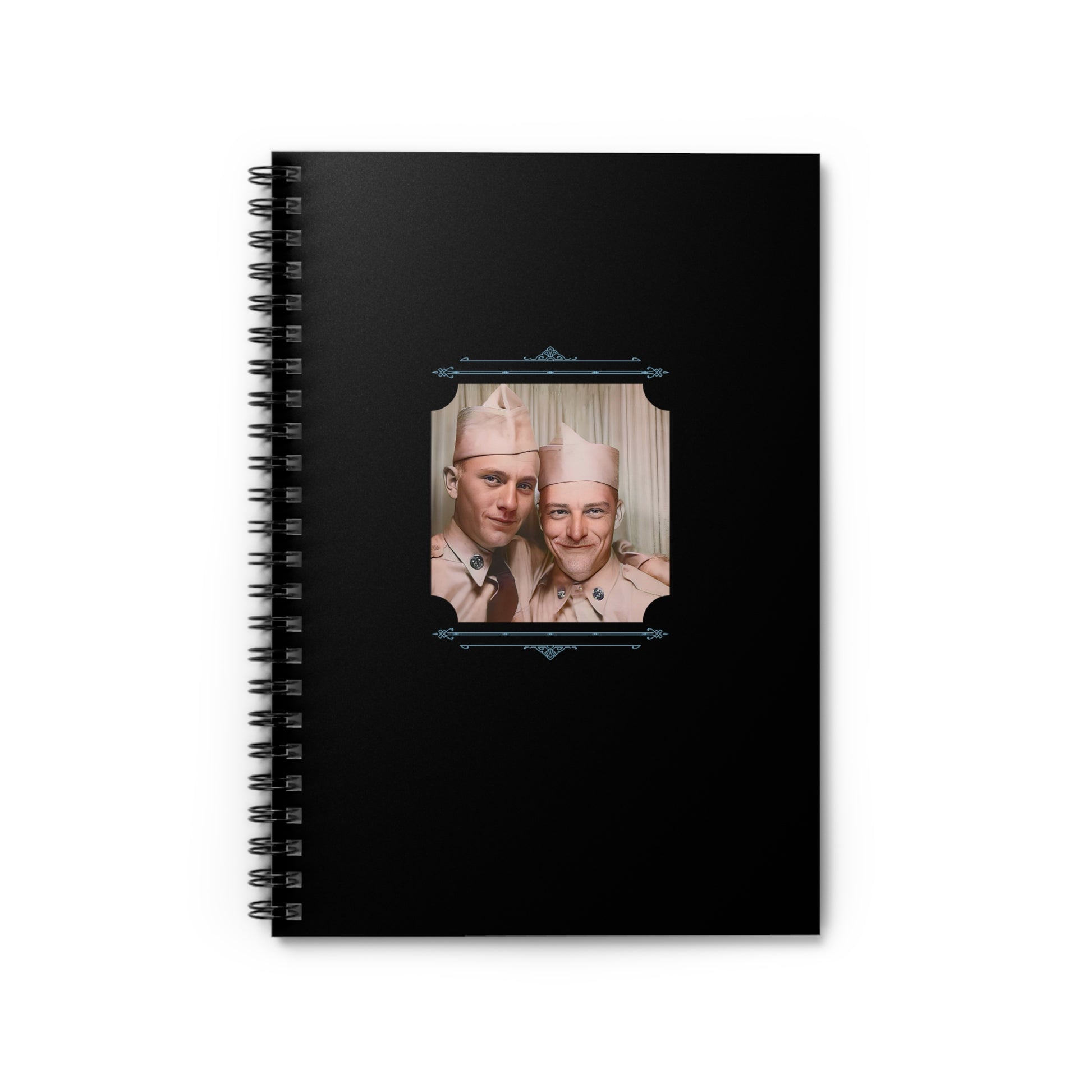 Spiral notebook featuring a 1940s U.S. Army couple in khakis, captured in a WWII-era photo booth.