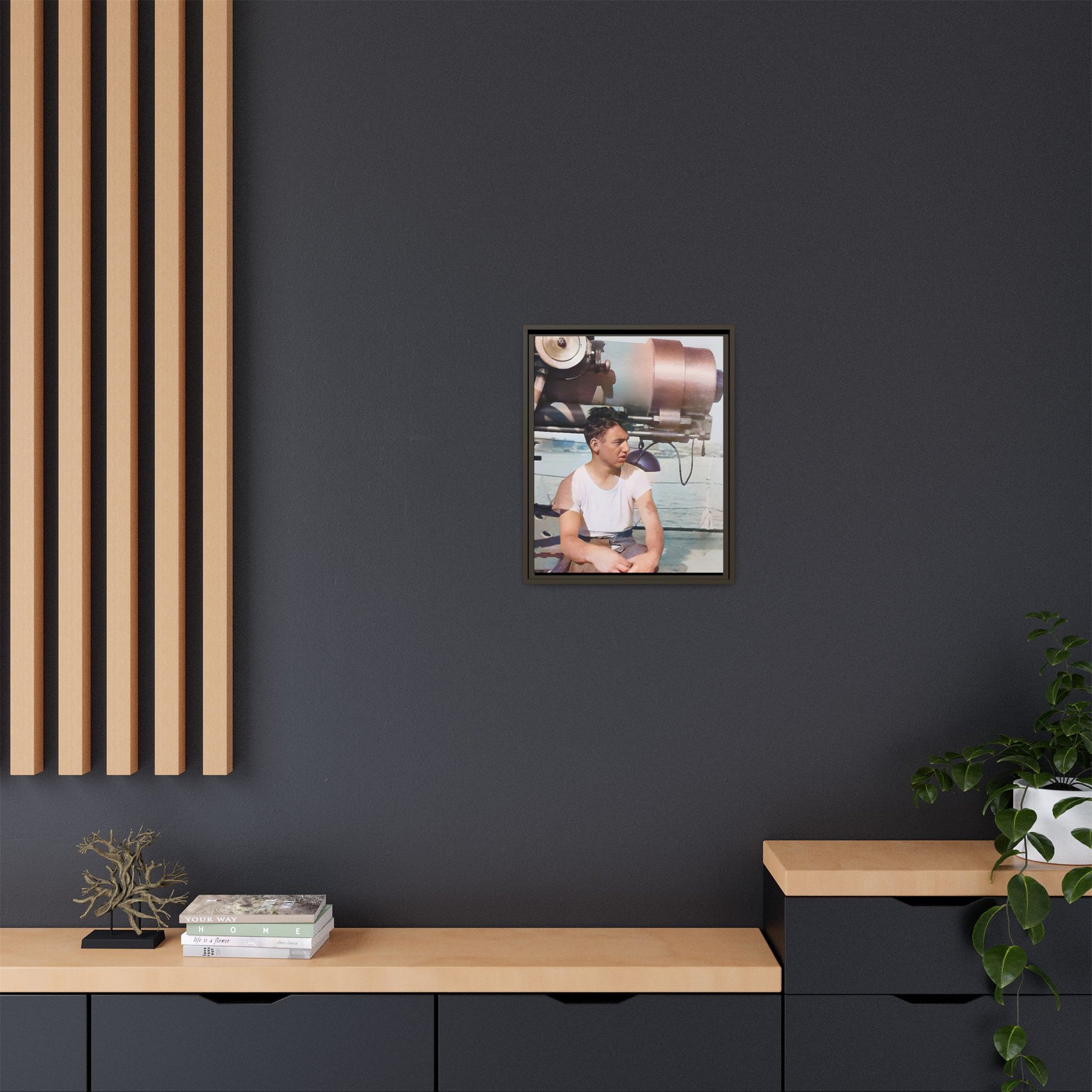 A restored vintage portrait of Harvey aboard the USS Oklahoma (BB-37). This framed matte canvas honors naval history, resilience, and service. Battleship Photo