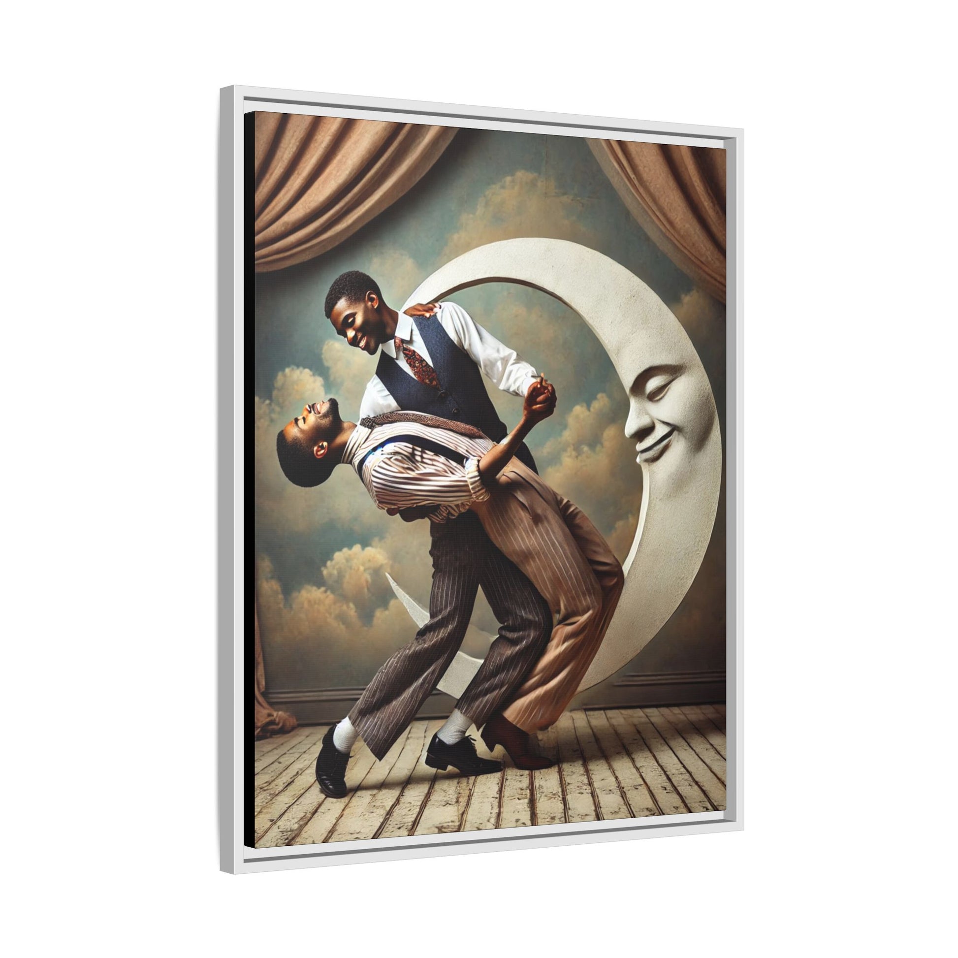Framed artwork of two Black men in vintage suits dancing tenderly beneath a crescent moon with a smiling face. A romantic 1920s-inspired scene with velvet curtains and a painted sky backdrop. Part of a collection reclaiming lost queer Black history and art.