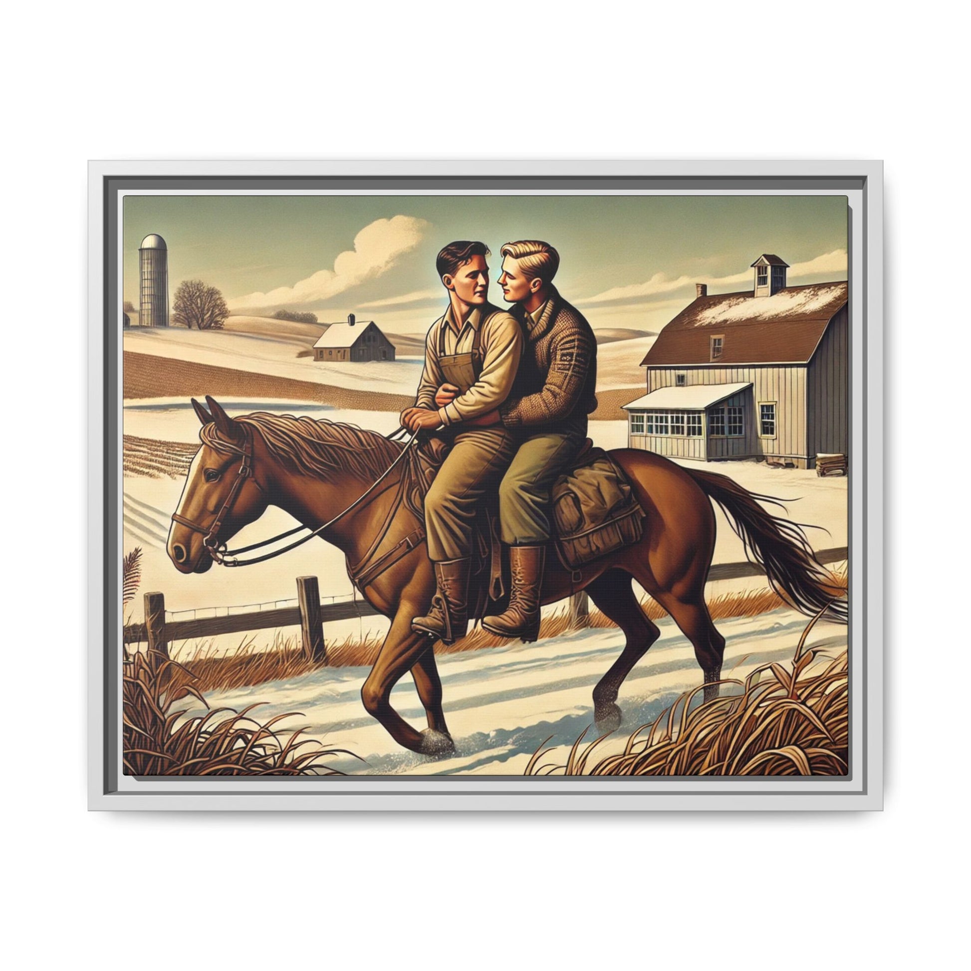 Artwork of a gay couple sharing a tender moment while seated together on a single horse in a snowy, rural Midwestern landscape. Dressed in early 20th-century attire, the men gaze at each other warmly, capturing love, resilience, and companionship in a serene 1930s-inspired American scene