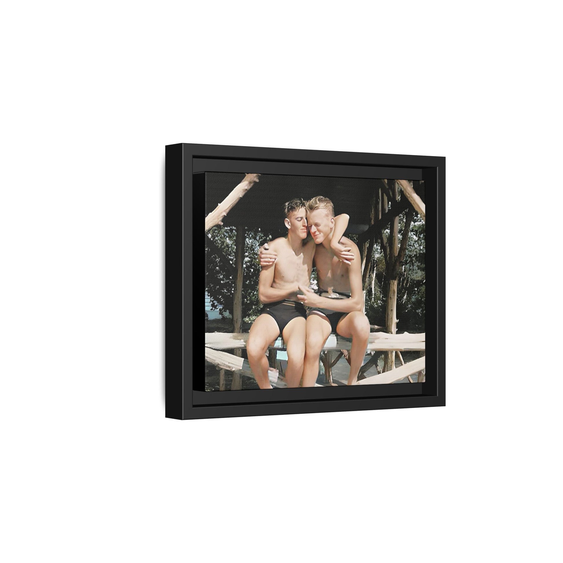 A vintage-inspired framed canvas print featuring Joseph and Billy at Kahena Beach, Hawaii. Their intimate moment under a sunlit pergola captures the warmth of love, freedom, and tropical serenity—perfect for coastal, LGBTQ+, and romantic home decor.