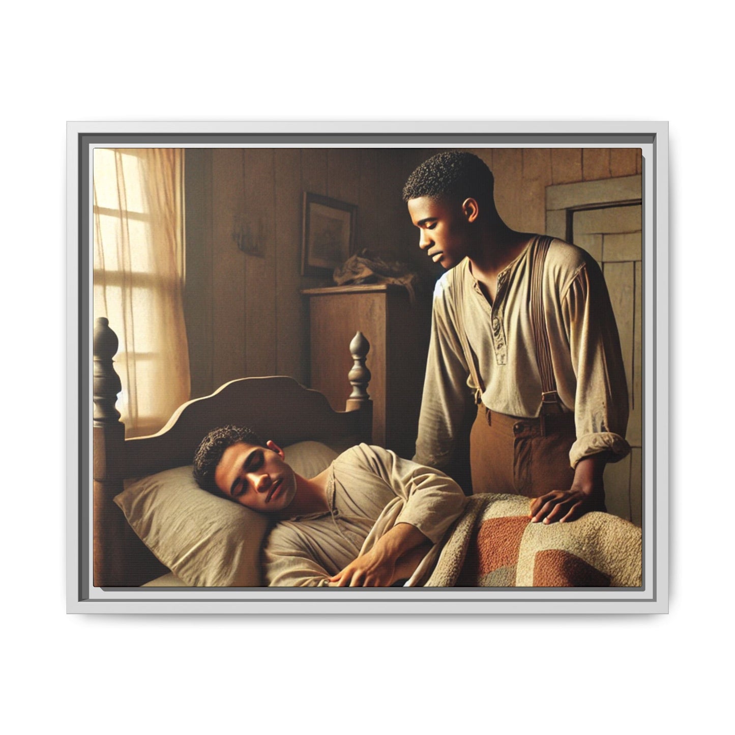 Grant 007 artwork depicting an African-American queer couple in a tender, intimate moment within a rustic bedroom. This scene, bathed in warm, nostalgic light, captures the love and quiet resilience of rural life, celebrating LGBTQ+ representation and African-American heritage.