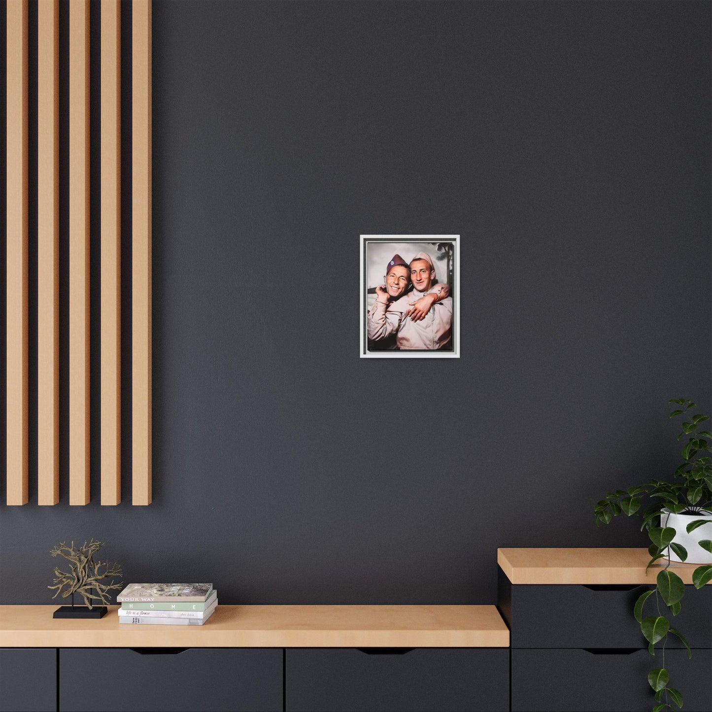 A framed vintage photo on matte canvas featuring a heartfelt portrait of a military couple at Fort Jackson, South Carolina, celebrating love and resilience in history.