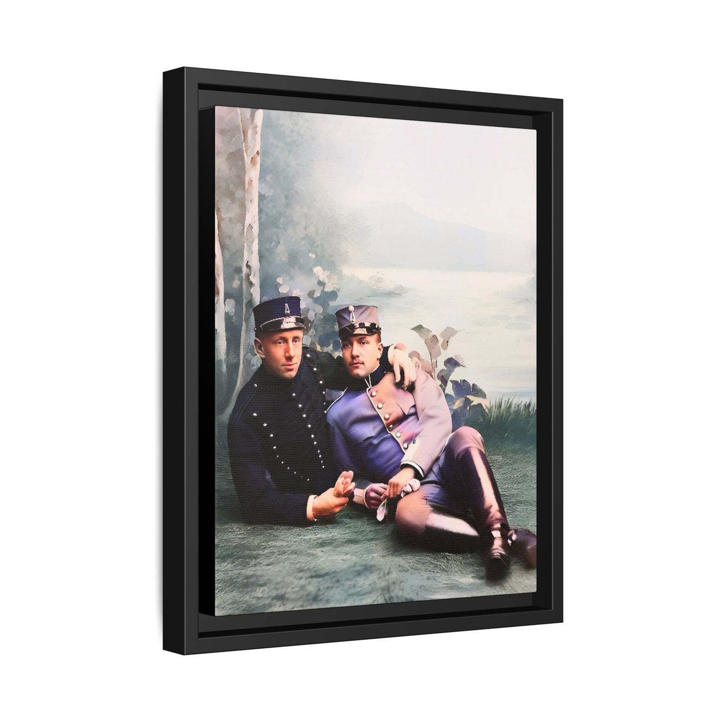 Restored early 1900s photo of Karl and Mats in Swedish military uniforms, reclining by a lakeside, celebrating LGBTQ+ love and history, framed as wall art. Gay Couple Vintage foto homosexuella par