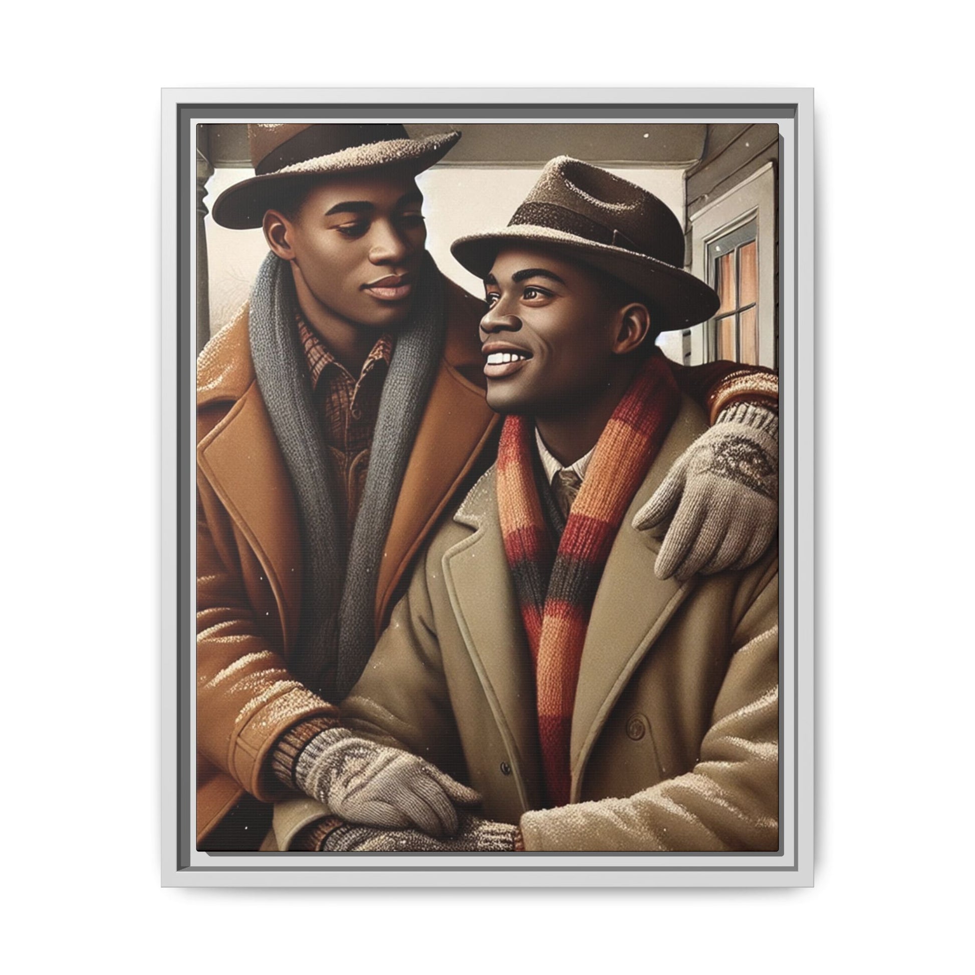Artwork of an African-American queer couple sharing a cozy winter moment on a porch. Dressed in vintage winter attire with fedoras, scarves, and warm coats, they exchange affectionate gazes amidst softly falling snow, capturing love, warmth, and intimacy in a nostalgic winter setting.