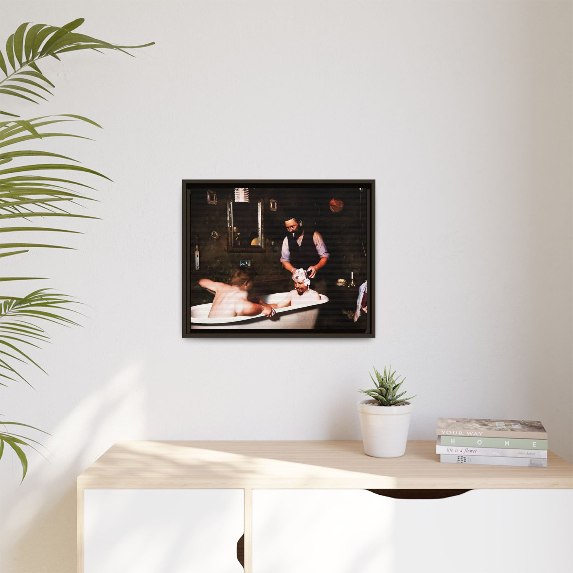Restored vintage photo of camaraderie at Walsh Depot, Battle Mountain, NV, featuring a clawfoot tub, and framed canvas art. Naked Men in the bathtub. Gay Bears