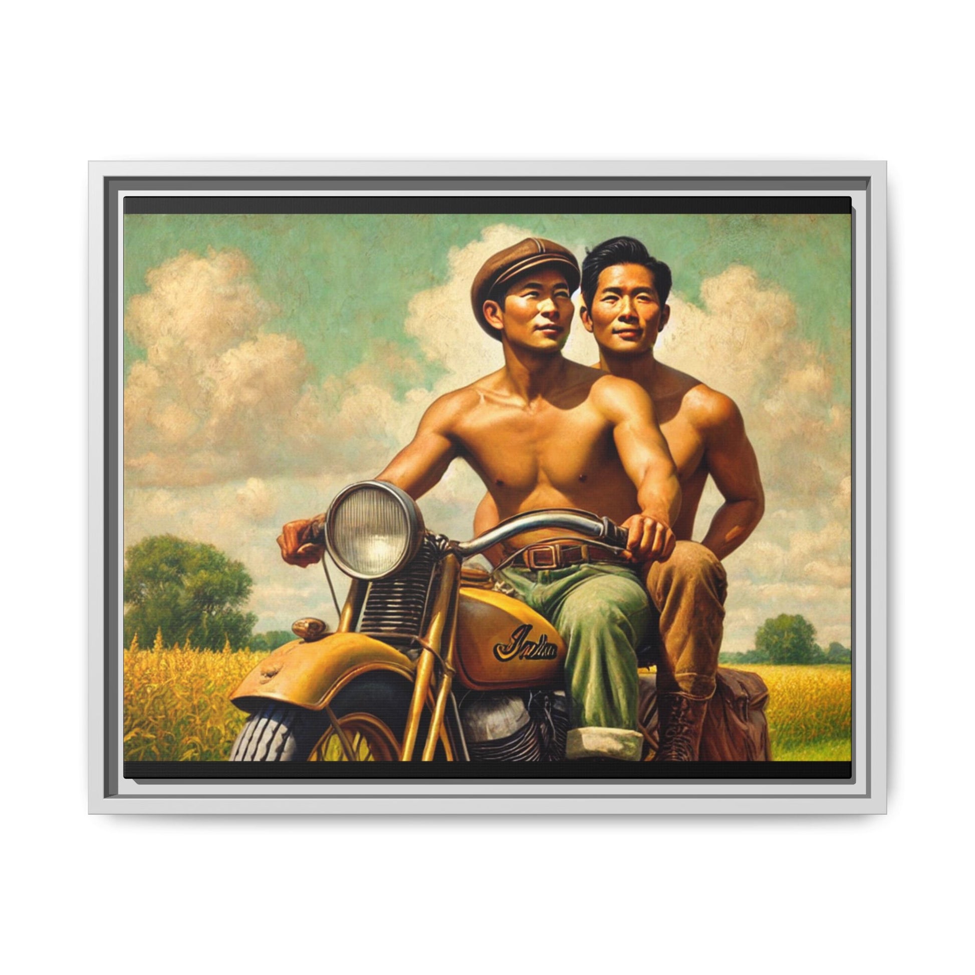 Framed artwork of an Asian-American gay couple riding a vintage yellow motorcycle through Iowa's serene countryside, celebrating love and unity.