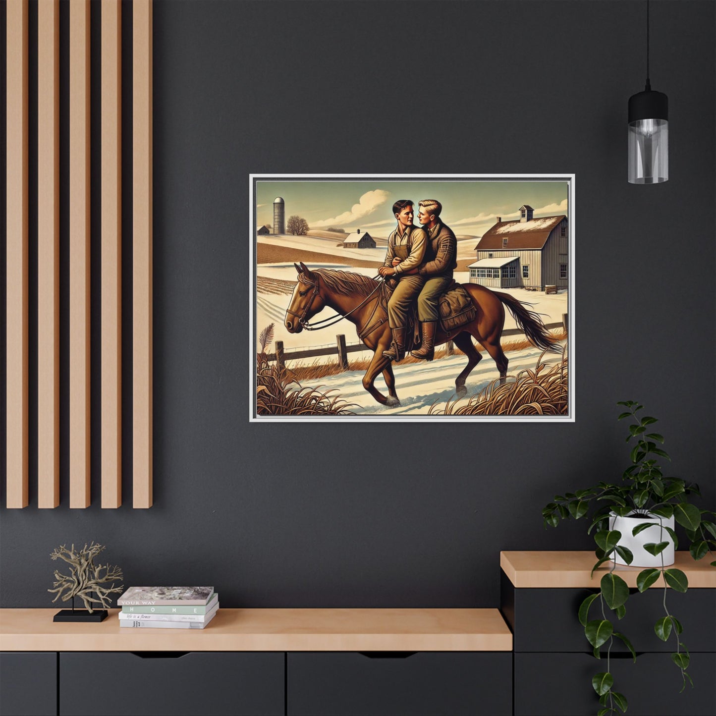 Artwork of a gay couple sharing a tender moment while seated together on a single horse in a snowy, rural Midwestern landscape. Dressed in early 20th-century attire, the men gaze at each other warmly, capturing love, resilience, and companionship in a serene 1930s-inspired American scene