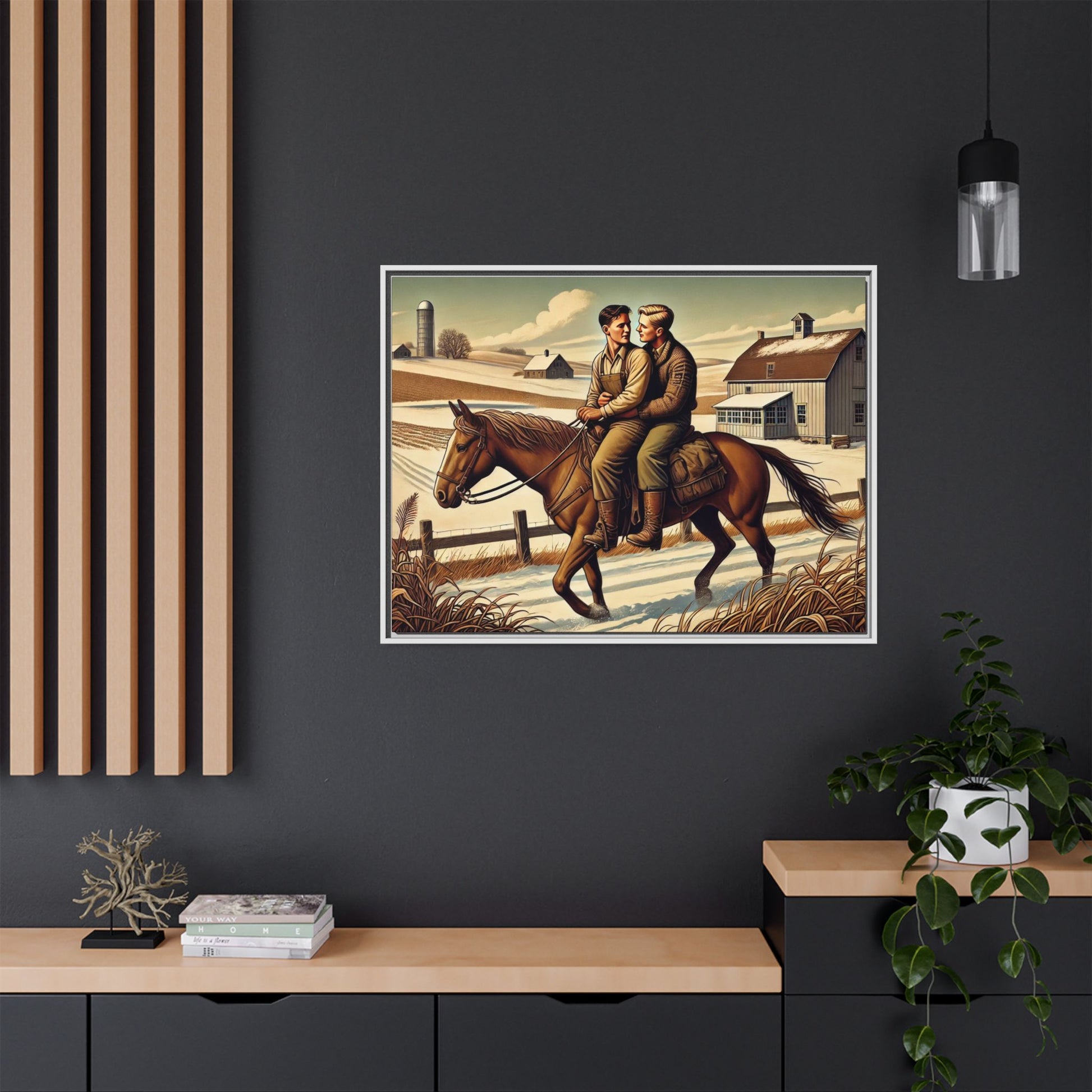 Artwork of a gay couple sharing a tender moment while seated together on a single horse in a snowy, rural Midwestern landscape. Dressed in early 20th-century attire, the men gaze at each other warmly, capturing love, resilience, and companionship in a serene 1930s-inspired American scene