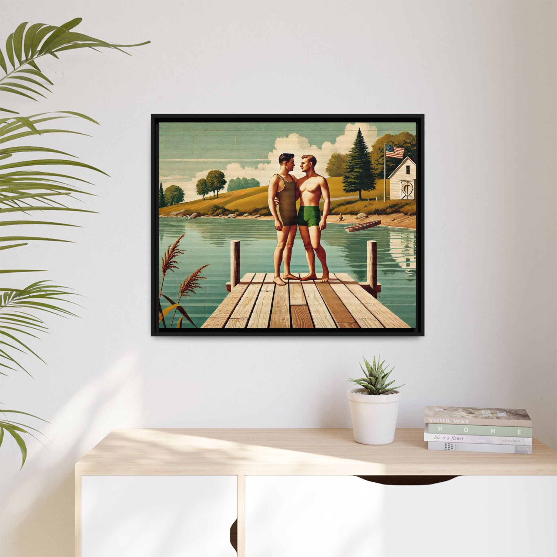 Framed artwork of a gay couple sharing a tender moment on a wooden dock by a peaceful lake, dressed in vintage swimwear. Set against rolling hills and a lakeside cabin, this nostalgic scene honors LGBTQ+ love in a serene Midwestern summer setting.