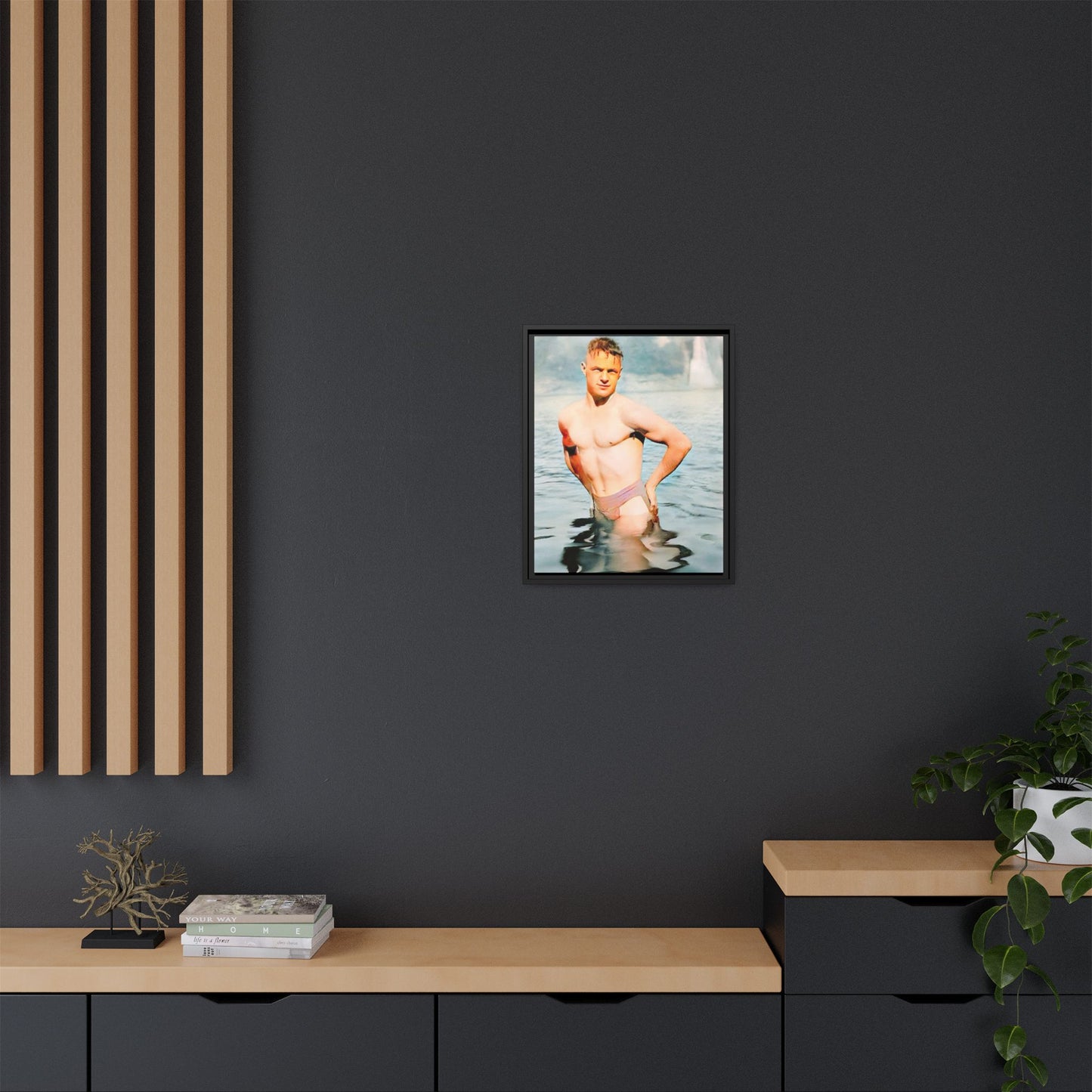 Restored 1940s vintage photo of Lewis standing waist-deep in Lake Wawasee, Indiana, radiating confidence and vitality, framed as wall art.