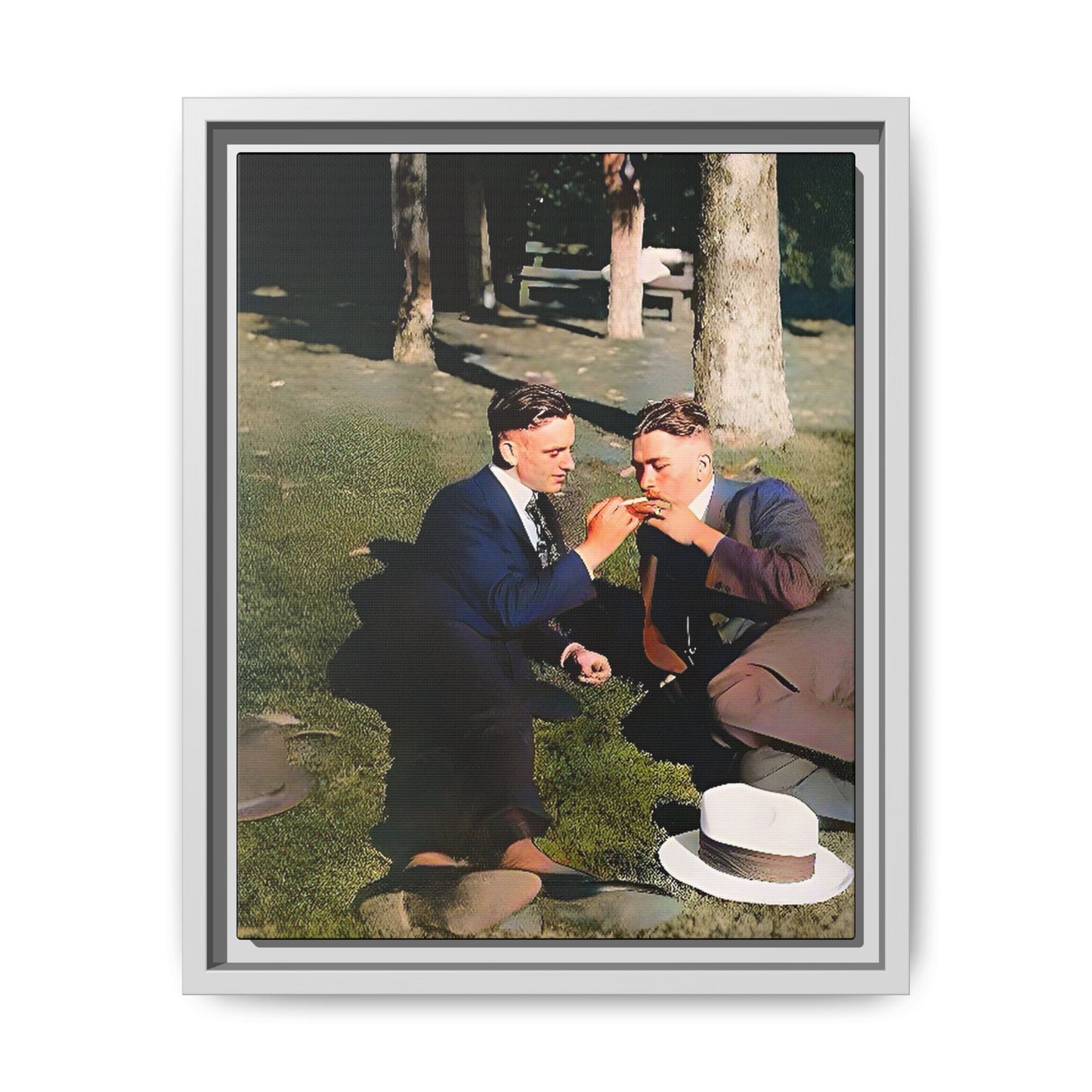 A framed vintage portrait on matte canvas featuring Oscar and Iván in Central Park, Manhattan, capturing timeless love and 1920s elegance. Gay Couple Queer History
