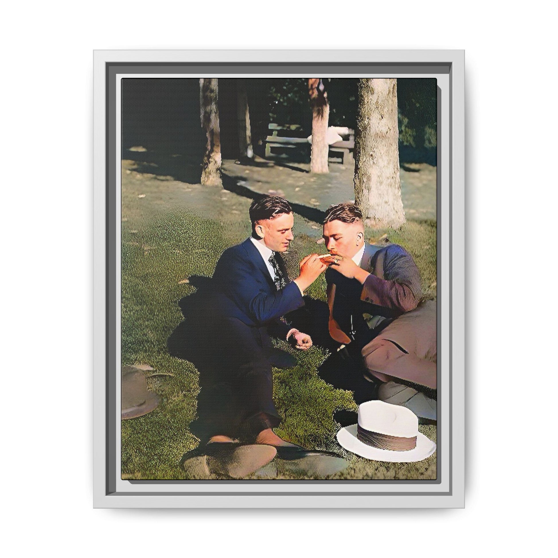 A framed vintage portrait on matte canvas featuring Oscar and Iván in Central Park, Manhattan, capturing timeless love and 1920s elegance. Gay Couple Queer History