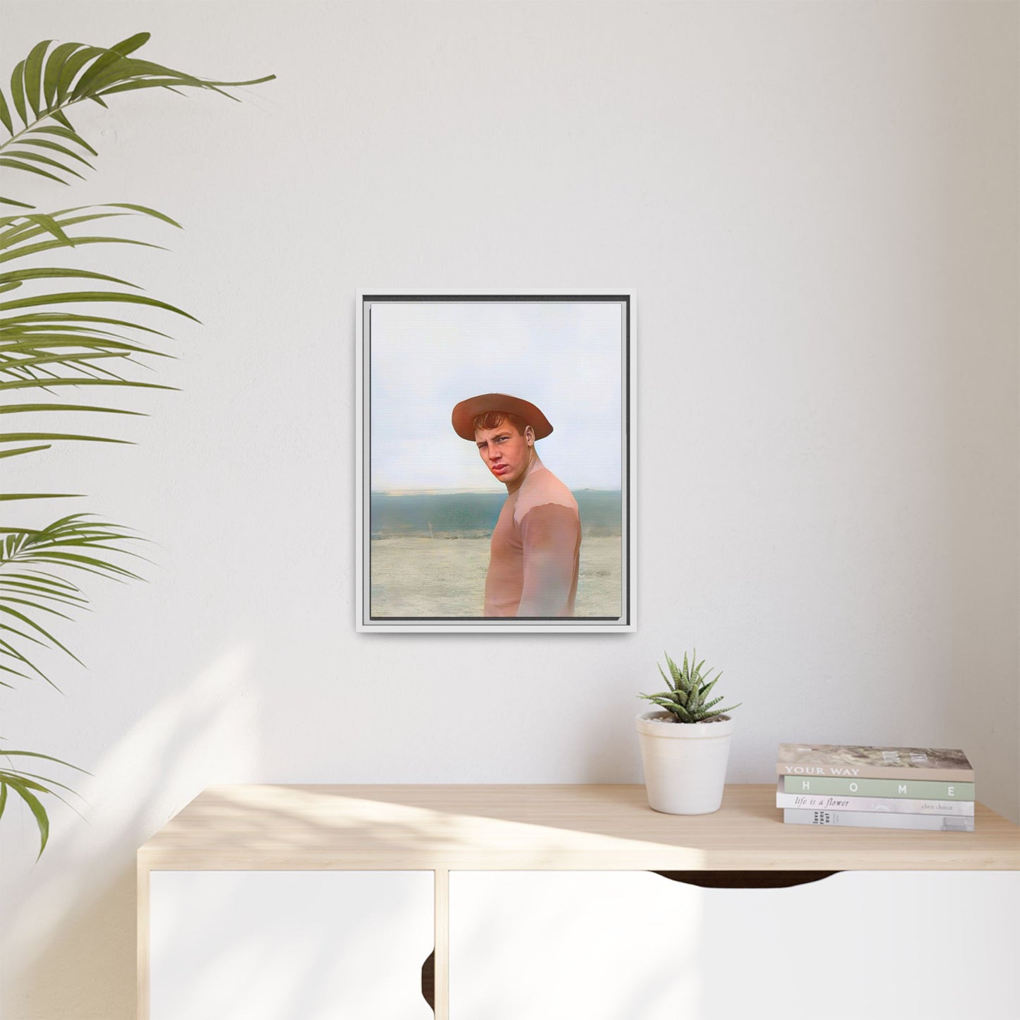 A framed vintage portrait on matte canvas featuring Victor at Cannon Beach, Oregon, capturing the rugged beauty of coastal life.
