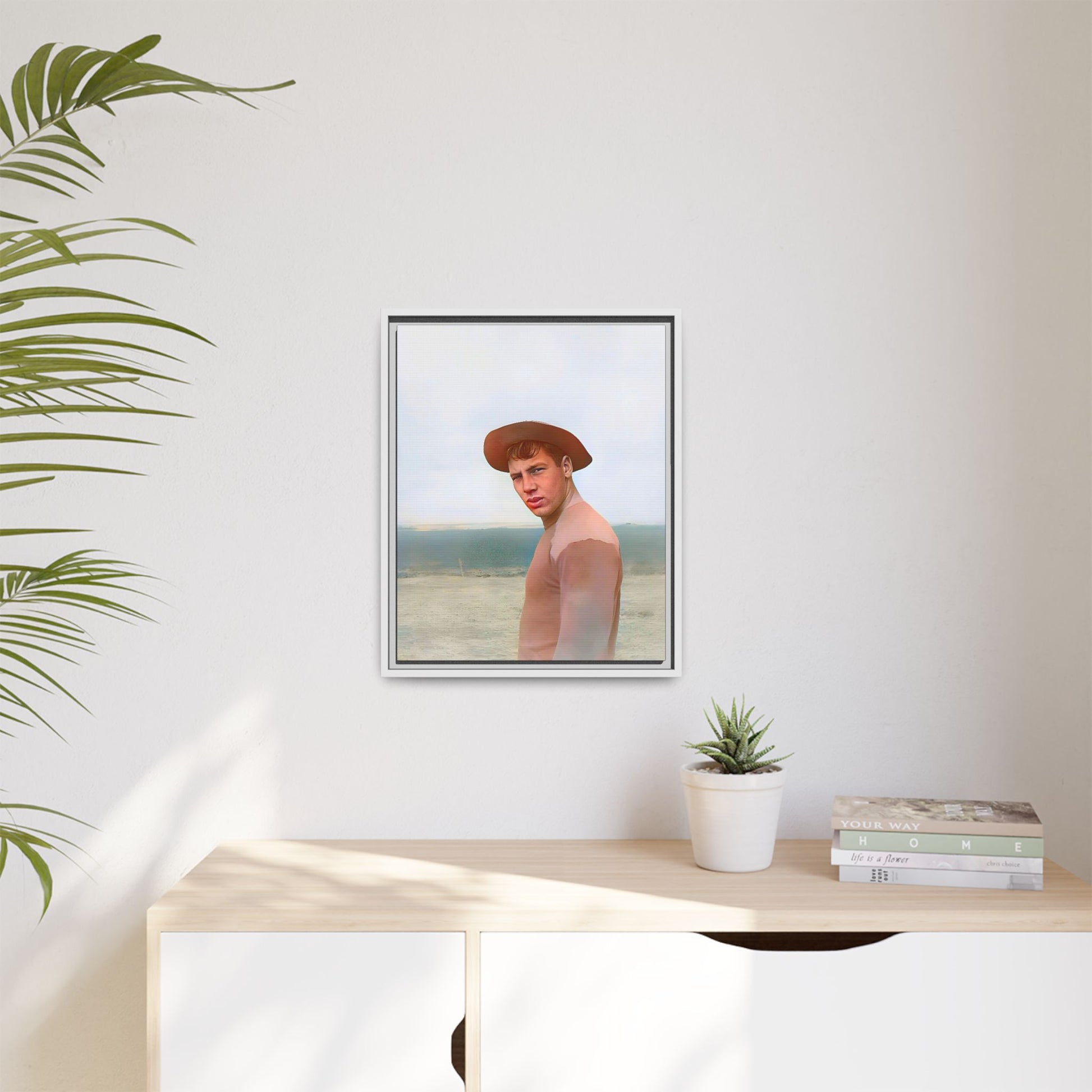 A framed vintage portrait on matte canvas featuring Victor at Cannon Beach, Oregon, capturing the rugged beauty of coastal life.