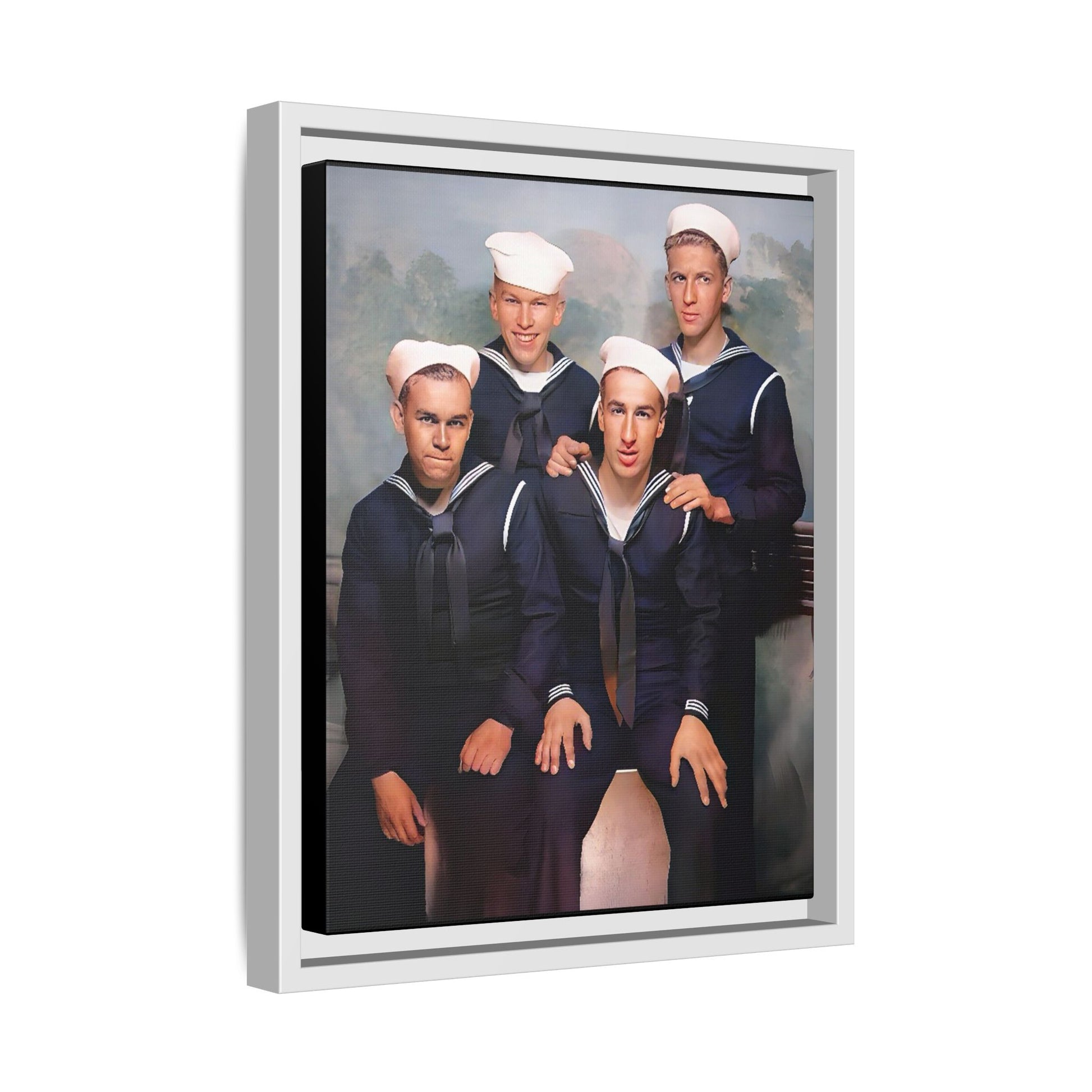 A framed vintage naval portrait on matte canvas featuring four sailors at Naval Station Great Lakes, capturing unity, service, and military pride.
