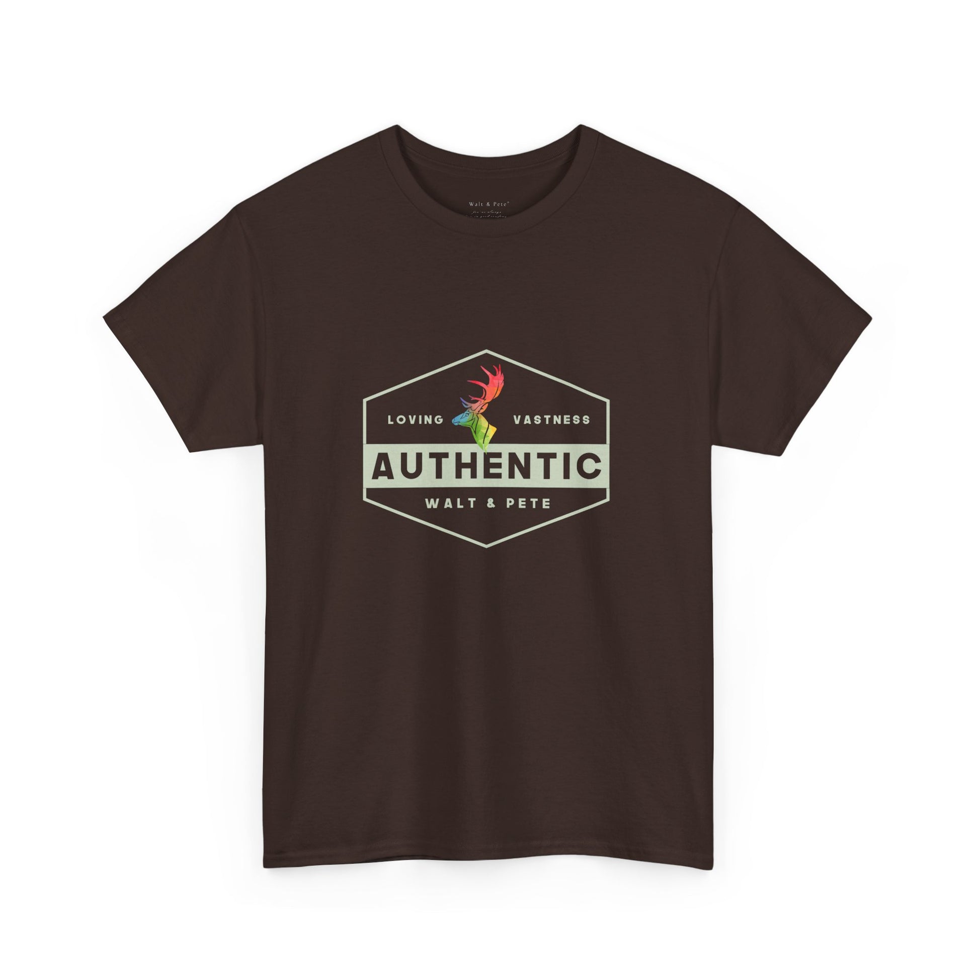 unisex LGBTQ+ t-shirt with a hexagonal badge design reading “Authentic” and “Loving & Vastness,” featuring a rainbow antler—symbolizing self-love, queer pride, and emotional depth.