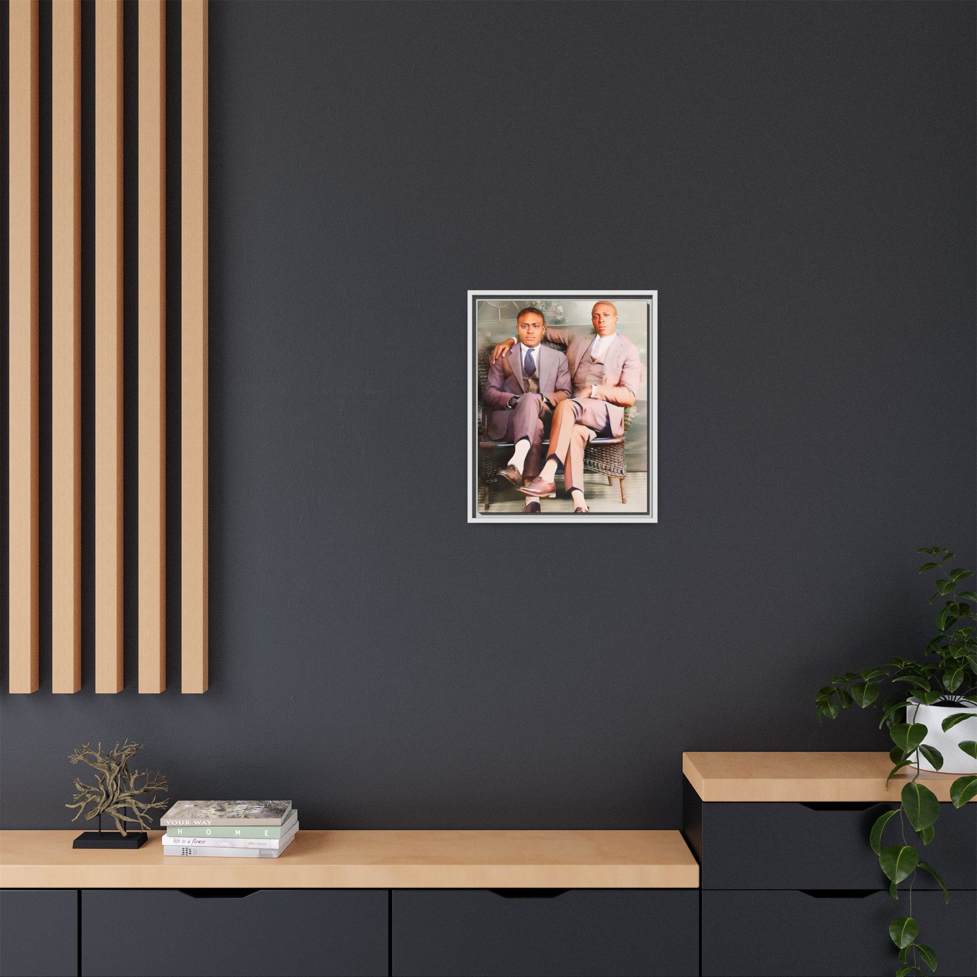 Restored vintage portrait of Walter & George, an African American gay couple seated in Birmingham AL, framed canvas art. Gay Juneteenth Black Love History Month