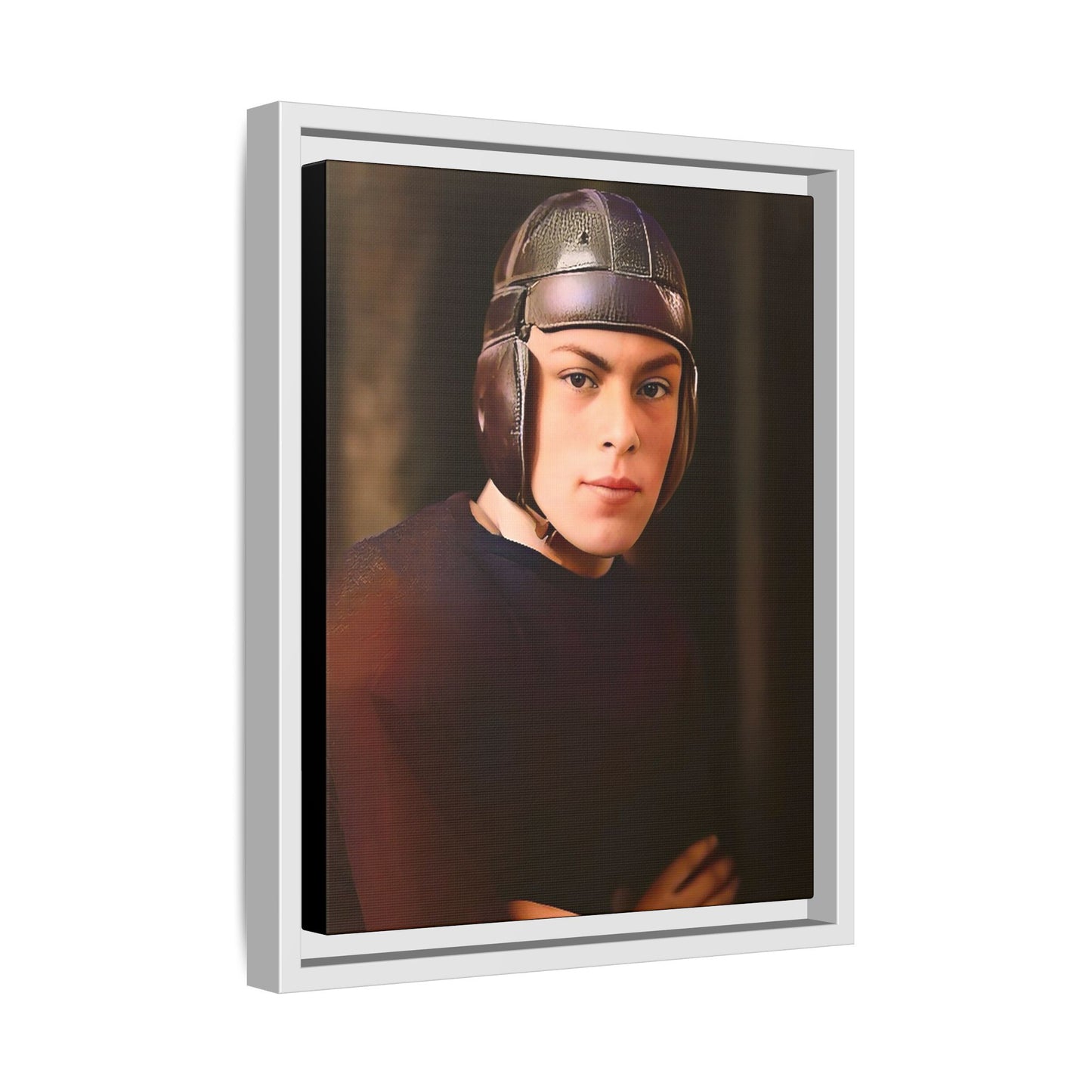 A vintage portrait of Andrew, a football player from Lincoln, Nebraska, in a classic leather helmet. This framed matte canvas print captures the grit and determination of early 20th-century sports, perfect for football fans and vintage art collectors.