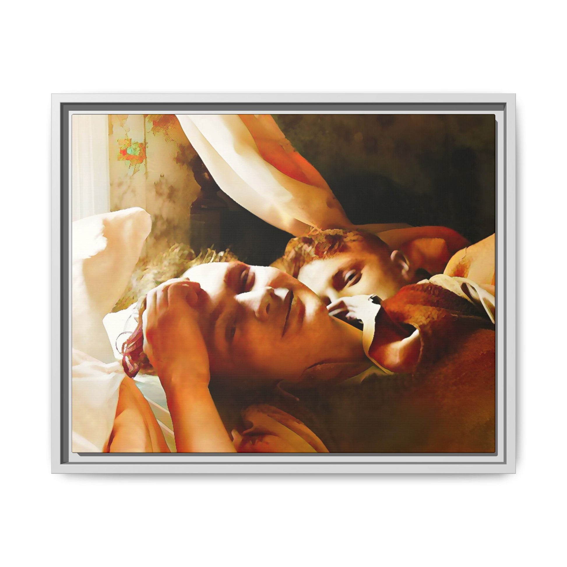 A heartwarming vintage portrait of Edwin and Floyd in Burlington, Vermont. This framed canvas print captures a quiet moment of LGBTQ+ love and intimacy, perfect for home decor, collectors, or as a sentimental gift celebrating timeless affection.